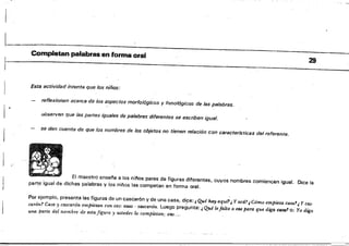 ....~ ..............-~-".--
l ~
Completan palabras en forma oral 29
Esta actividad intenta que Jos niños: 

reflexionen acerca de los aspectos morfológicos y fonológicos de las palabras. 

j' observen que las partes iguales de palabras diferentes se escriben igual. 

se den cuenta de que los nombres de los objetos no tienen relación con características del referente. 

El maestró enseña a los nil'os pares de figuras diferentes, cuyos nombres comiencen igual. Dice la
parte igual de dichas palabras y los ni!'íos las competan en forma oral.
Por eJempio, presenta las figuras de un cascarón y de una casa, dipe: i Qué hay aqu!1i Ji aCti.P, Cómo empieza casa!, Y Caso
carón! Casa Ji cascarón emptezan con cas: casa - cQScarón. Luego pregunta: ,Qué le falta a cas paTa que diga casa! o:· Yo digo
una parte del nombre de esta figura Ji ustedes la completan; caJ'....
 