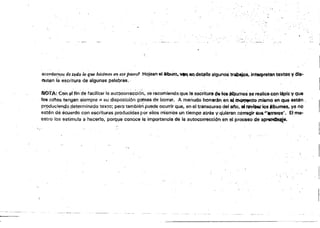 .
aCo~dary.05 de tf!.do lo que hidmos en esej'Jaseo'l Hojean el ~. '4tlendetalle algunos trabajos, int~retan textos yala­
cuten la escritura de algunas paiat,lras..
NOTA: Con.el fin'de facilitar la autocor~~cciÓn, se recomienda que la ascritura dQ m ~e$ ~e rea!icecon lépil Yque
108 nil'l.os tengan siempre A su disposici6n gomas de borrar. A menudo borraran Ein el ~to mismo en que estáh ,
¡:m)duciendo$ietermlnado texto; pero también puede ocurrir que, en el transcurso del alo, 81 revb5f los .Ibomes, ya no
están da acuerdo oon escrítu;as producidas por eíios mismos un tiempo atrás v·quieran eorrtiil{;it fiUa "errores'. ' El ma9
estro los estimula a hacerlo, porque cC)I1ece ia importancia de la sutocorrección en eí proceso de ap~Je.
 