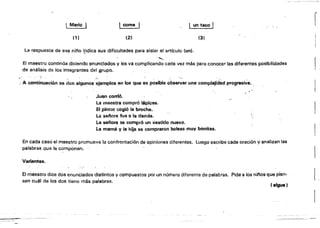t MaM t I come I ¡!,In taco l.
(11 (2) (3)
La respuesta de es~ nitio irdica sus dificultades para aislar el articulo (un).
.....". '
El maestro continLla diciendo enunCiados y los va complicando cada fez más para conocer las diferentes posibilidades
de análisis de los integrantes del grupo.
.~ .
: A continuación se dan al91.1nosejemplos en los que es póslble óbservar.una complejidad prog:reshía.
Juan corrió.
La maestra compro IIapices.
El pintof cogió la brocha.
la seftora fIJe a la tlonda.
La sefora se compr6 un vestido nuevo.
La mamá y 18 hija se compraron bolsas muy bonitas.
En cada caso el maestro promueve la confrontación de opiniones diferentes. Luego escribe cada oración y analizan las
palabras que la componen.
Variantes.
El maestro dice dos enunciados distintos y compuestos por un número diferente de palabras. Pide a los nif'los que pien­
sen cuál de los dos tiene más palabras.
f sigue'
r
 