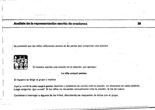 1
~------~--~--------------~--------------,~--~.----------~----------------
Anélislsde la representación escrita de oraciones 39
L ._._•....._ . 0• • • • • • • • • 0 • • . . • • • • • .0 ••_ 0 0 ••••0
( ;".
,! $e pretende que fos niños reflexionen acerca de Iss partes que componen una oración.
l·

El maestro escriba una oración en el pizarrón, por ejemplo:
la nlfta compró paletas.
El maestro ~ dirl.ge al grupo y explica:
A.qtÁyo es(.rz'bf la !liña compró pa!eta.s (leyendo y señalal'do de corrido todá la oración, sin detenerse en cada palabra).
Lue~o pregunta: Qué 6scribf! Sí los nlnos no recuerdan textualmente toda la oración, la lee de nuevo.
Comienza a interrogara algunos de lasnilios, dlscutiendQ las respuestas de éstos COn el' grupo.
 