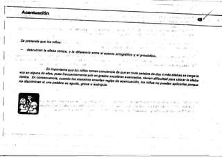 " ,"­
-¿
. t '. l'
j Acentuación ." . . ,. ' , . '48 .
. ji:'
'.1 ...· " ':.' ..,'." '., "',,' ....., ..:'" .
',. '-,
.• ;':'.~: " ¡ 1'.; J L
:r,':' " ~ .. " ~' ~ ~ ,..
Sil pfettmdeque los niños:
.}" ,l"
descubran la sRaba tónica, y la difemncia entfe el acento ortogri1fico. y elprosódico.<.
,1.-: : .. .~):
j ',:.,- '( . .: :',;­ .:,'
:,',r ,:::.:1 ...';: . ~;"
.':. ~'j ... I.~~ ...~:i'q:·:
Es importante que los niños tomen conciencia de que en toda palabra de dos o m~ssI/abas se carga la
voz en alguna de el/8s, pues frecuentemente aan en gf8dos escolafas avanzados, tienen dificultadpera ubicarla sRaba
tónictl. En consecuencia, cuando los maestros ensefl!ln regll!s de lICentuaci6n, los nillos no Pueden aplicarlas pO~
no discfiminan s~ una palabra es aguda, gfave 08Sdtúju/a.
i ~ ':'" ~ . d' ~ '. ,~, .: _, '. 1 !...~. -,.':,.', ':.- ~. ",;. • J~: ..~ ". . .! .
:.;:~~ ....
.~< .iH: ..· ,": " ¡ .' ! t~ ,. .. ,: ¡ . C:: ~" -,:;.-;.:','. >-: ,,',
.; .,. ....: " • ~ ~:~: d •• ! ,1: : • .f. .1····.: ';i d "', ¡:i'
j.
 