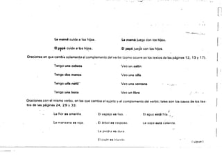 q~/
··r1
._ I
:"",i,~" ...... ~,;.:,:., ...~.;~:
La mamé cuida a los hijos. La mamé juega con los hijos. ~.
.El prpá cuida a los hiíc;>S' El papé jueg'a con los hijos.
Oraciones en que cambia solamen.te el complemento del verbo (como ocurre on los textos de las páginas 12. 13 Y 17).
Tengo una cabeza Veo un salón
Tengo dos manos Veo una silla
Ten90 urJa n¡¡riz" Veo una ventana ....,'....'
I
Tengo una boca Veo un libro
Oraciones con el mismo verbo, en las que cambia el syjeto y el complemento del verbo; tales son los casos de los to,x··
tos de las páginas 24, 29y 33:
¡:
La flor es amarilla. El espejo es lis.o. El agUi.l está fría."
La manzana es roja. . El árbol es rasposo. La sopa está caliente.
"o.'
La piedra es dura.
El COjín es blondo.
( si'1lJe )
--=~~::::.: ~~:....;:..::::-:-...=:..-;;--:=-.---==:=_.:....=:'-----==---~-
 