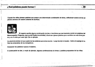?""P"~'L",
rl.Qu' palabraPuedoformar l' ~1tJ
",""'-".".
..../
CulHldo /os nillos pientllln ptIIabres qUfi poseen UINI d6terminlJdll comblnllcl6n de letres, mllexionen acetr:a de los as­
PflCtóssonOf08 de I1UfIstro·sistemsde tlscrltum.
El maestro escribo alguna combinación de dos o tres)etr/Js que sea bastante cOl1lÓnen palabrudel
Idioma espaftof Pregunta:¡Quéumo(f Explica la actividad: Ahoni v&n el penss.rPalabras que se lJ~ban con 6$llU útrtisjun.
las ,,-en ,,1 orden qu.e están atuf. Da un ejemplo.
lO!:l alumnos anotan en sus cuadernos las palabras que se les ocurran. luego In leen al equipo. Cada uno agrega en su
lista las propuestas de los oompal'leros.
Incorporan la8 palabras nuevas al ta(j8tero.
A continuación se dan, a modo de ejemplo. algwnas combinaciones da letras y posibles propuestas de 108 nifos:
 