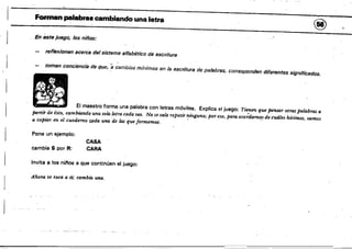 -
Forman ~Iabra. cambiando una letra
@
En este juego, los niños:
reflexionan 8cerc8 del sistema alfabético de escriture
. .
toman conciencia de que, :á cambios mínimos en la escrituro de palabras, corresponden diferentes significados.
El maestro forma una palabra con letras móviles. Explica el juego; Tienen que pensar otras palabras a
partir de ésta, cambiando una sokzletra cada vez. No se vale repetir ninguna; por eso, paTa aco;darno.s de cuáles hicimos, vamos
a coPiar en el cuaderno '(lda una dé las que formemos, .
Pone un ejemplo;
CASA
cambia S por R: .CARA
Invita a los niflos a que continúen el juego:
Ahora te toca a ti;' cambia una.
 