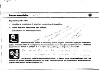 v
v'
r S.PfflttmrÑJ que los niños:'
consoliden el conocimiento de 18 escritura convenciOl1lJI de "'sptlllIbras.
¡
utilicen l. escriture PlIfS expN!Jser ¡dess ori/¡tnsles ,'e ~2, ¡
,
 f: .~
se fMnililllicen con distintos tipos de 18tm '. Q.
'.f.'
J
At. ..r
1
, c~
11
IJ o.
 .  t .
.,' ¡Ji {V'
·...r..'~·:} «
(J,GV' '1
<? &. j
Los nUlos recortan palabras de periódicos V rel/istas, luego las acomodan V pegan para formar enun·
ciados. El maestro aclara: No se ,vale pegaruna palabm solúa; tienen que serwn4s, para que digan coms como..,.Cdice dos o
tres oracioAeS ti manera de ejemplo). Si les hace fallo. alguM palabro. que no tengan lo. pueden escribir.
..f C 1 O' o  el. '" .f c.! (! '~.'
f (
," ., él' I c· l i
t )
Esta actividad puede hacerse también en la casa. El maestro puede valerse de ella para pedir a loa
alumnos que recorten palabras que contengan una letra o snaba determinada, que tengan acento. empiecen con me·
yllscule. "tén escritas sólo en mayasculas. etc.
 