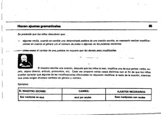 1 '
l'
Hacen ajustes gramaticales as
Se pretende que los niños descubran que:
e/gtJnas veces, cuando se cambia una determin/lda palabra de una oración escrita, es necesatio·resllzaf modifica.
dones en cUa,.,to 81 género ylo el número der .rodas o algunas de las palabras restantes•
. ··~"OtftJ$ Wl968 el cambio de una palabra no requiere. que las .def.1J8S...$SBfl.f.tJ.odificRdu•
...
El maestro escribe una oraci6n, después que los.ninos la leen, modi,fies una de sus partes: verbo, su­
jeto, objeto directo, articulo, pronombre, etc. Cada .vez propone varios casos distintos con el fin de que los ninos
puedan apreciar que algunas de las modificaciones efectuadas no requieren modificar el resto dé la oración, mientras
que otras exigen diversos cambiQs de género y nllmero.
Ejemplos:
EL MAESTRO ESCRIBE: CAMB'~: AJUSTES NECESARIOS:
&a mariposa es azuf azul por azules Esa8 malipoS8s son azufes
 