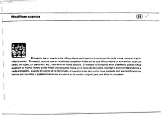 -- ",,'
Modifican cuentos ® / .
' .
... .. .
.- ... ~ .
•
• El maestro lee un cuento a los ninos y éstos participan en la constrllCci6n de la trama como en la acti­
vidad anterior. El maestro procura que en ocasiones completen frases en las que falte a veces un sustantivo, otras un
verbo, un sujeto, un predicado, etc., tOOo.esto en forma sencilla. El maestro va anotando en el pizarrón lo que los ninos
sugieran (al mismo tiempo puede hacer una pequena marca &n el texto del libro para recordar el sitio correspondiente a
cada anotación). Cuando el cuento se ha terminado, el maestro lo lee tal y como haya quedado con Las modificaciones
hechas por los n¡nos y posteriormente lee el cuento en la versión original para que ellos lo comparen.
 