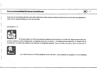« _ _• Convencionalidad/de letras homófonas ® /
Este tipo de 8crividl.Jdes ~rmite ti los niños reflexionar sobre nuestro sistema de escriture alreconocer que aigunos so­
nidos /!1st/m representado/; por más de una 16trll.
L,as letras b y 11.
El maestro pide a los ni/'íos que piensen palabras que empiecen con la letra b. Seguramente ellos pro­
pondrán palabras cuyas iniciates sean, en algunos Casos b yen otros v. A medida que las proponen, el maestro las va
escribiendo; en cada caso senara a los alumnos la ortografía correcta: Vaca se escribe con esta v; baile con eslil Qtra. b.
Los ninos buscan en el libro palabras con b; las lean, y las copian en el cuaderno oen el tarjetero.
===··~··"'="····;-··¡¡¡¡¡¡¡¡¡¡¡¡¡¡¡¡¡¡¡¡¡¡¡¡¡¡¡¡¡¡¡¡¡¡"""'''''''''--¡¡¡¡¡¡¡¡¡¡__iiiiiii,i.'''''''''''''''iiiiiiiiiii¡¡¡¡¡¡¡¡¡¡¡¡iiiiiii,i.~_iiiiiiiiiii¡¡¡¡¡¡¡¡¡¡¡¡¡¡¡O¡¡¡¡¡¡¡iiiiiiiiiii'''''''_'--¡¡¡¡¡¡¡¡¡¡¡¡iiiiiiiiiiiiiiiiiii'--''''''==;;;';
 
