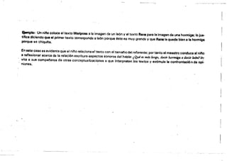 Ejemplo: Un nino coloca el texto Mariposa a la imagen de un león V el texto R81'1e para la imagen de una hormiga; fo Ju..
tifica diciendo que el primer texto corresponde s-león porque éste es muy grande Vque Rana le queda bien a la hormigá­
porque &5 chiquita.
En elte caso es evidente Que elnino relaciona el texto con el tamalo del referente; por tanto el maestro conduce al nitio
8 reflexionar acerca de la relación escritura-aspectos sonoros del habla: ¡Qul es más largo, decir hornufo o detÍTü6n1 in:­
vita a sus compaf'!eros de otras conceptualizaciQ&les liI que interpreten los texto; y estimula la confrontaci6ncle opi­
niones.
I
 