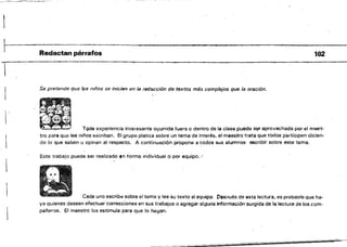 L- 1~
I Redactan párrafos
1
Se pretende que Jps niños se inicien en /8 redacción de textos más complejos que la oración.
 .
Tºda experiencia interesante 09urrida fuera o dentro de la clase puede ser aprovechada por el maes­
tro para que los nitlos escriban. El grupo platica sobre un terna de interés. el maestro trat~ que todos participen dicien­
do lo que saben u opinan al respecto. A continuación propone a todos sus alumnos escribir sobre este tema,
Este trabajo puede ser realizado .n forma individual o. por equipo. /
Cada uno escribt:! sobre al tema y lee SU texto al equipo. Pespués de esta lectura, es probao!e que ha­
ya Quienes deseen efectuar correcciones en sus trabajos o agregar alguna información surgida de la lectura de los com­
paileros. El maestro los estimula para que lo r.agan.
-~" -:;¡¡;eH
 