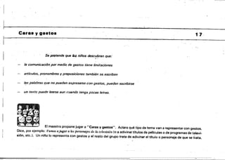 ~n
Ca,•• y gest08 1 7 .
Se pretende que los niños descubran que.:
,.
la comunicación por medio. de gestos tiene limitaciones
artículos, pronombres y preposiciones también se. escriben
Il?spalabras que no pueden expresarse con gestos, pueden escribirse
un texto puede leerse aun cuando tenga pocas letras.
El maestro propone jugar a "Caras y gestos", Aclara qué tipo de tema van a representar con gestos.
Dice, por ejemplo: Vamos ajugar a los personajes de la. televisión (o a adivinar titulos de películas o de programas de televi­
sión, etc.), Un nírlo lo representa con gestos V el resto del grupo trata de adivinar el tItulo o personaje de que se t'rata.
 