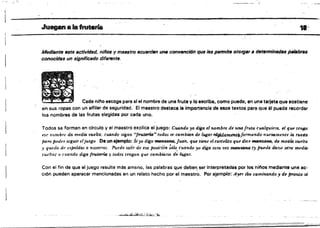 .J.......tmteria 11'
Medillnre Hts activldlld. "i/Jos y mliestro IJCUen}M Umi conwmclónqufII /(#8 permite otOI'(J.,(I determlnHo p.¡"bnls
conocidlAs un signlf¡clldo dlfflfflnttJ.
Cada níno escogo para sI el nombre de una fruta VlO escribe, como puede. en una tarjeta que sostiene
en sus ropas con un alfiler de seguridad. El maestro destaca la importancia de esos textos para que él pueda recordar
loa nombres de las frutas elegidas por cada uno.
Todos se forman en circulo y el maestro explica el juego: Cuando yo diga el nombre de una/ruta C'ualquíera. el qUf! te11/(tJ.
es!." Ilombn' da media vuelta; cuando mgan "fru~" tudas se cambian de lugar rdfjd.amttnJ.tIormando tluei>amente 14 rtJf:da
ptu'(lPoder .~egu;r eljuego Da un ejemplo: Siyo digo fMRZOftll, Juan, que tiene el cal'lelito que di,e MaRZOM, da meai4 vueUa
.Y queda dí' ('!,ptlldas a nosotros. Puede salt't de esa posicion ;cUo. cuando j/<> diga otra t't'iI!' mGl'utOM ()' pueda darse otra media·
!'uéllll) (} fualldo diga fro'tn"ÚJ 1 toao. ttngan que cambiars!! de l,jgaT. '
Con el fin de que el juego resulte més ameno, las palabras que debe~ ser interpretadas por los ninos mediante una ac­
ción pueden aparacér mencionadas en un relato hecho por el maestro. Por ejemplo: ;(V#r iba caminando y de Jwanto vi
".~.,~~¡;~:j'i~J.~"·.h
 