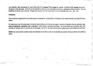 ·Imd ~. ¡(¿tU fIIUIR:r4tt4f tan rojas había ahi!,Y los mango.sl Eran mangos de manila. También había me.gOS petacones.
fH fmmto vUa{ nemnjtu. -El duefi.o de la frvtl!!tÍd me di.io que eran 'Il6ranjas muy dulces; ~ranjtu de MontemoTelo,s. Era una
~ confruttlJ- muy sabrosas. Pregunté.los precios y me di cuenta-que era una frutería muy ('ara. :.I:1,tc•• etc.
Verientes.
Con la misma organización se pue~ jugar a la papelerla, la jugueter!a, el hospital, los meses del al'lo °los días de la se­
mana.
. En cada caso, los ni"os escogen nombres relacionados con el tema de juego y cuando el maestro dice por ejemplo: hos­
pital (o jugueterfa. pepelarla, afio o semana». todos deben cambiarse de lugar. Se recomienda Que siempre cada nir'lo
escriba su tarjeta con el nombre por él escogido. con ertin de aprovechar estos juegos para actividades de escritura.
NOTA: Es conveniente realizar estas actividades al aire libre; si elle no es posible se pueden efectuar dentro del salOñ de
clase.
;." .
'
 