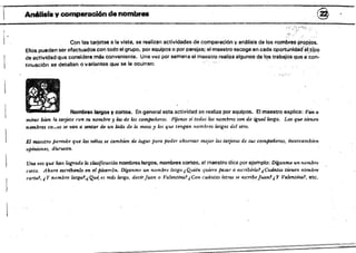 r---~ -An6Us1s y comparación denombra ' @ ,
..~'{,.~ .
l· .":;:.....
Con las tarjetas él le vista, se realizan actividades de comparación y análisis de 10$ nombreapropjas..
Ellos pueden ser efectuados con todo el grupo, por equipos o por parejas; el !Tl58Stro escoge en cada oportúnidáiiélJ.ípo
de actividad que considere más conveniente. Una vel por semana el maestro realiza algunos de l(la trabajos que a~n.
tinU8ción se detallan o v ariantes qu~ se le ocurran: . .
Nombre$largos y cortOl!!. En genaral esta act¡~tidad se realiza por equipos. El maestro explica: Van a
mirar bi~n la,ltJrjeta ('011. su nomin't 'J las de los compañeras. ,Fíjense si todos los nombres son de tguflillargo. lAs q~ tIenen
nombres co.,us se van a stI1itaT de un IafÚi de la mesa;y los qtJ.e tengan l'/.1Jmlnes largQS del otro.
El maestro permite que los runos se cambIen de Jugar paTa poder observar mejor la!; tarjetas d,e sus comptJñerQs, intercambien
opiniones, dÚcuran.
Una ve;: que han fug:radQ la clasificactem nombres ¡argos, nombres conos. al maestro dice por ejemplo: D:ganme un nombre
corto. Ahoro, escribanlo en el púarr6n. Diganm!1 un nombre largo ¿Quién quterti pasar a escribtTw'! ¿Cuántos tienen nQmbre
(orto', ¡Y 'flf1mbTf! largo!,¡Qué,. es más largo, decirJuan <; Valentina? ¡Con cuánttU letras se escribeJuan! ¡ Y Valentma?, etc.
 