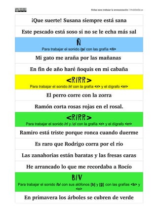 Fichas para trabajar la pronunciación | ProfeDeEle.es
Este pescado está soso si no se le echa más sal
Ñ
Para trabajar el sonido /ɲ/ con las grafía <ñ>
Mi gato me araña por las mañanas 
En fin de año haré ñoquis en mi cabaña
R/RR< >
Para trabajar el sonido /r/ con la grafía <r> y el dígrafo <rr>
El perro corre con la zorra
Ramón corta rosas rojas en el rosal.
R/RR< >
Para trabajar el sonido /r/ y / /ɾ con la grafía <r> y el dígrafo <rr>
Ramiro está triste porque ronca cuando duerme
Es raro que Rodrigo corra por el río
Las zanahorias están baratas y las fresas caras
He arrancado lo que me recordaba a Rocío
B/V
Para trabajar el sonido /b/ con sus alófonos [b] y [ ]βð con las grafías <b> y
<v>
En primavera los árboles se cubren de verde
El barco velero navegó nueve veces a Barcelona
El bebé se bebe un vasito con su babero blanco 
T
 