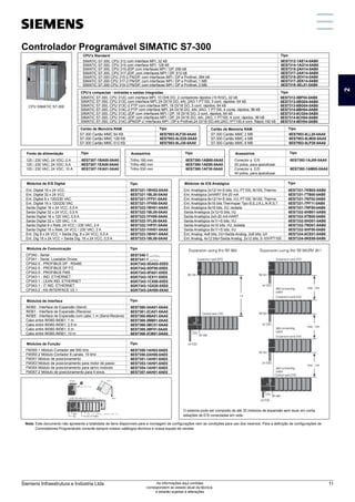 Controlador Programável SIMATIC - S7-300
O sistema pode ser composto de até 32 módulos de expansão sem levar em conta
estações de E/S conectadas em rede.
Tipo
SIMATIC S7-300, CPU 312 com interface MPI, 32 kB
SIMATIC S7-300, CPU 314 com interface MPI, 128 kB
SIMATIC S7-300, CPU 315-2DP com interfaces MPI / DP, 256 kB
SIMATIC S7-300, CPU 317-2DP, com interfaces MPI / DP, 512 kB
SIMATIC S7-300 CPU 315-2 PN/DP, com interfaces MPI / DP e Profinet, 384 kB
SIMATIC S7-300 CPU 317-2 PN/DP, com interfaces MPI / DP e Profinet, 1 MB
SIMATIC S7-300 CPU 319-3 PN/DP, com interfaces MPI / DP e Profinet, 2 MB.
CPU’s Standard
6ES7312-1AE14-0AB0
6ES7314-1AG14-0AB0
6ES7315-2AH14-0AB0
6ES7317-2AK14-0AB0
6ES7315-2EH14-0AB0
6ES7317-2EK14-0AB0
6ES7318-3EL01-0AB0
Tipo
S7-300 Cartão MMC 2 MB
S7-300 Cartão MMC 4 MB
S7-300 Cartão MMC 8 MB
Cartão de Memória RAM
6ES7953-8LL20-0AA0
6ES7953-8LM20-0AA0
6ES7953-8LP20-0AA0
Tipo
S7-300 Cartão MMC 64 KB
S7-300 Cartão MMC 128 KB
S7-300 Cartão MMC 512 KB
Cartão de Memória RAM
6ES7953-8LF20-0AA0
6ES7953-8LG20-0AA0
6ES7953-8LJ30-0AA0
Tipo
SIMATIC S7-300, CPU 312C com inerface MPI, 10 DI/6 DO, 2 contadores rápidos (10 KHZ), 32 kB
SIMATIC S7-300, CPU 313C com interface MPI, 24 DI/16 DO, 4AI, 2AO 1 PT100, 3 cont. rápidos, 64 kB
SIMATIC S7-300, CPU 313C-2 PTP com interface MPI, 16 DI/16 DO, 3 cont. rápidos, 64 kB
SIMATIC S7-300, CPU 314C-2 PTP com interface MPI, 24 DI/16 DO, 4AI, 2AO, 1 PT100, 4 conta. rápidos, 96 kB
SIMATIC S7-300, CPU 313C-2DP com interfaces MPI / DP, 16 DI/16 DO, 3 cont. rápidos, 64 kB
SIMATIC S7-300, CPU 314C-2DP com interfaces MPI / DP, 24 DI/16 DO, 4AI, 2AO, 1 PT100, 4 cont. rápidos, 96 kB
SIMATIC S7-300, CPU 314C-2PN/DP c/ interfaces MPI / DP e Profinet,24 DI/16 DO,4AI,2AO,1PT100,4 cont. Rápid,192 kB
CPU’s compactas - entradas e saídas integradas
6ES7312-5BF04-0AB0
6ES7313-5BG04-0AB0
6ES7313-6BG04-0AB0
6ES7314-6BH04-0AB0
6ES7313-6CG04-0AB0
6ES7314-6CH04-0AB0
6ES7314-6EH04-0AB0
Tipo
120 / 230 VAC; 24 VDC; 2 A
120 / 230 VAC; 24 VDC; 5 A
120 / 230 VAC; 24 VDC; 10 A
Fonte de alimentação
6ES7307-1BA00-0AA0
6ES7307-1EA00-0AA0
6ES7307-1KA01-0AA0
Tipo
Trilho 160 mm
Trilho 482 mm
Trilho 530 mm
Acessórios
6ES7390-1AB60-0AA0
6ES7390-1AE80-0AA0
6ES7390-1AF30-0AA0
Tipo
Conector p. E/S
20 polos, para aparafusar
Conector p. E/S
40 polos, para aparafusar
Acessórios
6ES7392-1AJ00-0AA0
6ES7392-1AM00-0AA0
Tipo
CP340 - Serial
CP341 - Serial, Loadable Drives
CP342-5 - PROFIBUS DP - RS485
CP342-5 - PROFIBUS DP FO
CP343-5 - PROFIBUS FMS
CP343-1 - IND. ETHERNET
CP343-1 - LEAN IND. ETHERNET
CP343-1 - IT IND. ETHERNET
CP343-2 - AS-INTERFACE V2.1
Módulos de Comunicação
6ES7340-1 ….-....
6ES7341-1 ....-....
6GK7342-5DA02-0XE0
6GK7342-5DF00-0XE0
6GK7343-5FA01-0XE0
6GK7343-1EX11-0XE0
6GK7343-1CX00-0XE0
6GK7343-1GX20-0XE0
6GK7343-2AH00-0XA0
Tipo
Ent. Analógica 2x12/14+S bits; I/U; PT100; Ni100; Thermo
Ent. Analógica 2xHART 0/4-20 mA
Ent. Analógica 8x12/14+S bits; I/U; PT100; Ni100; Thermo
Ent. Analógica 8x16 bits Thermopar Tipo B,E,J,K,L,N,R,S,T
Ent. Analógica 8x16 bits; I/U; isolada
Saída Analógica 2x12+S bits; I/U
Saída Analógica 2x0-20 mA HART
Saída Analógica 4x11+S bits; I/U
Saída Analógica 4x15 bits; I/U; isolada
Saída Analógica 8x11+S bits; I/U
Ent. Analog. 4x8 bits; I/U+Saída Analog. 2x8 bits; U/I
Ent. Analog. 4x12 bits+Saída Analog. 2x12 bits; 0-10V/PT100
Módulos de E/S Analógica
6ES7331-7KB02-0AB0
6ES7331-7TB00-0AB0
6ES7331-7KF02-0AB0
6ES7331-7PF11-0AB0
6ES7331-7NF00-0AB0
6ES7332-5HB01-0AB0
6ES7332-5TB00-0AB0
6ES7332-5HD01-0AB0
6ES7332-7ND01-0AB0
6ES7332-5HF00-0AB0
6ES7334-0CE01-0AB0
6ES7334-0KE00-0AB0
Tipo
Ent. Digital 16 x 24 VCC
Ent. Digital 32 x 24 VCC
Ent. Digital 8 x 120/230 VAC
Ent. Digital 16 x 120/230 VAC
Saída Digital 16 x 24 VCC; 0,5 A
Saída Digital 32 x 24 VCC; 0,5 A
Saída Digital 16 x 120 VAC; 0,5 A
Saída Digital 32 x 120 VAC; 1 A
Saída Digital 8 x Relé; 24 VCC / 230 VAC; 2 A
Saída Digital 16 x Relé; 24 VCC / 230 VAC; 2 A
Ent. Dig 8 x 24 VCC + Saída Dig. 8 x 24 VCC; 0,5 A
Ent. Dig 16 x 24 VCC + Saída Dig. 16 x 24 VCC; 0,5 A
Módulos de E/S Digital
6ES7321-1BH02-0AA0
6ES7321-1BL00-0AA0
6ES7321-1FF01-0AA0
6ES7321-1FH00-0AA0
6ES7322-1BH01-0AA0
6ES7322-1BL00-0AA0
6ES7322-1FH00-0AA0
6ES7322-1FL00-0AA0
6ES7322-1HF01-0AA0
6ES7322-1HH01-0AA0
6ES7323-1BH01-0AA0
6ES7323-1BL00-0AA0
Tipo
FM350-1 Módulo Contador até 500 kHz
FM350-2 Módulo Contador 8 canais, 10 kHz
FM351 Módulo de posicionamento
FM353 Módulo de posicionamento para motor de passo
FM354 Módulo de posicionamento para servo motores
FM357-2 Módulo de posicionamento para 4 eixos
Módulos de Função
6ES7350-1AH03-0AE0
6ES7350-2AH00-0AE0
6ES7351-1AH01-0AE0
6ES7353-1AH01-0AE0
6ES7354-1AH01-0AE0
6ES7357-4AH01-0AE0
Tipo
IM360 - Interface de Expansão (Send)
IM361 - Interface de Expansão (Receive)
IM365 - Interface de Expansão com cabo 1 m (Send-Receive)
Cabo entre IM360-IM361; 1 m
Cabo entre IM360-IM361; 2,5 m
Cabo entre IM360-IM361; 5 m
Cabo entre IM360-IM361; 10 m
Módulos de Interface
6ES7360-3AA01-0AA0
6ES7361-3CA01-0AA0
6ES7365-0BA01-0AA0
6ES7368-3BB01-0AA0
6ES7368-3BC51-0AA0
6ES7368-3BF01-0AA0
6ES7368-3CB01-0AA0
Nota: Este documento não apresenta a totalidade de itens disponíveis para a montagem de configurações nem as condições para uso dos mesmos. Para a definição de configurações de
Controladores Programáveis consulte sempre nossos catálogos técnicos e nossa equipe de vendas.
CPU SIMATIC S7-300
Controlador Programável SIMATIC S7-300
2
Siemens Infraestrutura e Indústria Ltda 11
As informações aqui contidas
correspondem ao estado atual da técnica,
e estarão sujeitas a alterações
 