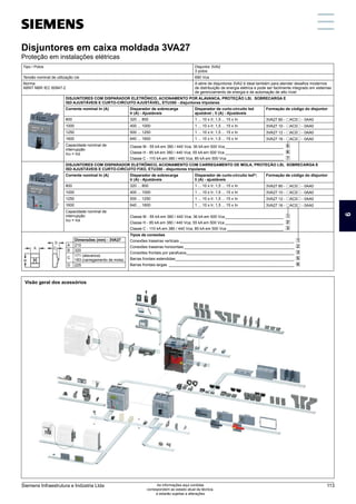 Disjuntores em caixa moldada 3VA27
Proteção em instalações elétricas
Visão geral dos acessórios
Tipo / Polos Disjuntor 3VA2
3 polos
Tensão nominal de utilização Ue 690 Vca
Norma:
ABNT NBR IEC 60947-2
A série de disjuntores 3VA2 é ideal também para atender desafios modernos
de distribuição de energia elétrica e pode ser facilmente integrado em sistemas
de gerenciamento de energia e de automação de alto nível
DISJUNTORES COM DISPARADOR ELETRÔNICO, ACIONAMENTO POR ALAVANCA, PROTEÇÃO LSI, SOBRECARGA E
ISD AJUSTÁVEIS E CURTO-CIRCUITO AJUSTÁVEL, ETU350 - disjuntores tripolares
Corrente nominal In (A) Disparador de sobrecarga
Ir (A) - Ajustáveis
Disparador de curto-circuito Isd
ajustável ; Ii (A) - Ajustáveis
Formação de código do disjuntor
800 320 ... 800 1 ... 10 x Ir; 1,5 ... 15 x In 3VA27 80 - qAC0q - 0AA0
1000 400 ... 1000 1 ... 10 x Ir; 1,5 ... 15 x In 3VA27 10 - qAC0q - 0AA0
1250 500 ... 1250 1 ... 10 x Ir; 1,5 ... 15 x In 3VA27 12 - qAC0q - 0AA0
1600 640 ... 1600 1 ... 10 x Ir; 1,5 ... 15 x In 3VA27 16 - qAC0q - 0AA0
Capacidade nominal de
interrupção
Icu = Ics
Classe M - 55 kA em 380 / 440 Vca; 36 kA em 500 Vca____________________________ 5
Classe H - 85 kA em 380 / 440 Vca; 55 kA em 500 Vca____________________________ 6
Classe C - 110 kA em 380 / 440 Vca; 85 kA em 500 Vca___________________________ 7
DISJUNTORES COM DISPARADOR ELETRÔNICO, ACIONAMENTO COM CARREGAMENTO DE MOLA, PROTEÇÃO LSI, SOBRECARGA E
ISD AJUSTÁVEIS E CURTO-CIRCUITO FIXO, ETU350 - disjuntores tripolares
Corrente nominal In (A) Disparador de sobrecarga
Ir (A) - Ajustáveis
Disparador de curto-circuito Isd2)
;
Ii (A) - ajustáveis
Formação de código do disjuntor
800 320 ... 800 1 ... 10 x Ir; 1,5 ... 15 x In 3VA27 80 - qAC0q - 0AA0
1000 400 ... 1000 1 ... 10 x Ir; 1,5 ... 15 x In 3VA27 10 - qAC0q - 0AA0
1250 500 ... 1250 1 ... 10 x Ir; 1,5 ... 15 x In 3VA27 12 - qAC0q - 0AA0
1600 640 ... 1600 1 ... 10 x Ir; 1,5 ... 15 x In 3VA27 16 - qAC0q - 0AA0
Capacidade nominal de
interrupção
Icu = Ics
Classe M - 55 kA em 380 / 440 Vca; 36 kA em 500 Vca____________________________ 1
Classe H - 85 kA em 380 / 440 Vca; 55 kA em 500 Vca____________________________ 2
Classe C - 110 kA em 380 / 440 Vca; 85 kA em 500 Vca___________________________ 3
Tipos de conexões
Conexões traseiras verticais______________________________________________________ 1
Conexões traseiras horizontais____________________________________________________ 2
Conexões frontais por parafusos___________________________________________________ 3
Barras frontais estendidas________________________________________________________ 5
Barras frontais largas ___________________________________________________________ 6
Dimensões (mm) - 3VA27
A 210
B 320
C
171 (alavanca)
183 (carregamento de mola)
D 225
6
Siemens Infraestrutura e Indústria Ltda 113
As informações aqui contidas
correspondem ao estado atual da técnica,
e estarão sujeitas a alterações
 