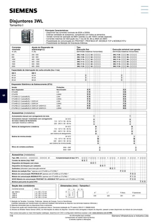 Principais Características:
- Disponível nas correntes nominais de 630A a 2000A.
- Extensa variedade de acessórios, compatíveis com todos os tamanhos.
- Tensão nominal de operação de 690V (padrão) ou até 1000V (versão especial).
- Correntes máximas de interrupção (Icu = Ics) de 55, 66 ou 85kA em 690V.
- Possibilidade de Medição de Grandezas Elétricas.
Disjuntores 3WL
Tamanho I
Correntes
nominais
In (A)
Tipo
Execução fixa
(terminais traseiros horizontais)
3WL1106- 62-
3WL1108- 62-
3WL1110- 62-
3WL1112- 62-
3WL1116- 62-
3WL1120- 62-
Ajuste do Disparador de
sobrecarga (L)
Ir (A)
Execução extraível com gaveta
(terminais traseiros horizontais)
Disparador Eletrônico de Sobrecorrente (ETU)
630
800
1000
1250
1600
2000
3WL1106- 66-
3WL1108- 66-
3WL1110- 66-
3WL1112- 66-
3WL1116- 66-
3WL1120- 66-
Versão
Sem disparador
ETU25B
ETU27B
ETU45B (C/ CubicleBUS)
ETU45B (C/ CubicleBUS)
ETU45B (C/ CubicleBUS) + DISPLAY
ETU45B (C/ CubicleBUS) + DISPLAY
ETU76B (C/ CubicleBUS) E DISPLAY GRÁFICO
ETU76B (C/ CubicleBUS) E DISPLAY GRÁFICO
Proteções
Seccionador
LSI
LSING
LSIN
LSING
LSIN
LSING
LSIN
LSING
250 - 630
320 - 800
400 - 1000
500 - 1250
640 - 1600
800 - 2000
Acionamento manual com carregamento de mola
Acessórios (instalados)
Acionameno manual / motorizado com carregamento
de mola e bobina de fechamento
(operação mecânica e elétrica)
24 VCC
110 - 127 V / 50 - 60 Hz
220 - 240 V / 50 - 60 Hz
Bobina de desligamento à distância 24 VCC
110 - 127 V / 50 - 60 Hz
220 - 240 V / 50 - 60 Hz
sem bobina de desligamento
Bobina de mínima tensão 24 VCC
110 - 127 V / 50 - 60 Hz
220 - 240 V / 50 - 60 Hz
sem bobina de mínima tensão
Bloco de contatos auxiliares 2NA + 2NF
4NA + 4NF
6
5
4
B
F
G
A
J
M
N
A
2
4
1
Seção dos condutores
Barra
( 1x ) 60 x 10 mm
( 2x ) 40 x 10 mm
( 2x ) 50 x 10 mm
( 3x ) 50 x 10 mm
Dimensões (mm) - Tamanho I
Corrente nominal
até 1000 A
1250 A
1600 A
2000 A
2)
A
434
2)
L
320
P(extraível)
471
1) Medição de Tensões, Correntes, Potências, Valores de Energia, Cos φ e Harmônicas
(medidas realizadas por transformador de potencial instalado internamente ao disjuntor nos terminais traseiros inferiores.)
2) Mesmas dimensões para os disjuntores fixos e extraíveis.
3) Disponível opção sem transformador de potencial interno. Demanda instalação de TP externo 3WL9111-0BB68-0AA0
4) Através do Breaker Status Sensor (BSS), as informações do status do disjuntor, incluindo mola carregada e disparo do disjuntor, passam a estar disponíveis via módulo de comunicação.
Para outras execuções ou mais informações (catálogos, desenhos em CAD e configurador eletrônico) acesse o site: www.siemens.com.br/3WL
A
B
G
B
G
B
G
B
G
Capacidade de interrupção de curto-circuito (Icu = Ics)
500 V
55 kA
66 kA
85 kA
690 V
42 kA
50 kA
66 kA
2
3
4
2
3
4
A
C
D
E
E
F
F
N
N
6
5
4
B
F
G
A
J
M
N
A
2
4
1
P(fixo)
291
A
B
G
B
G
B
G
B
G
A
C
D
E
E
F
F
N
N
Tipo: 3WL - - - Z
Acessórios (instalados)
Contato de alarme (trip) 1NAF
Dispositivo de bloqueio com chave
Dispositivo de bloqueio por cadeados
Guilhotina (obturador) para execução extraível
1)
Módulo de medição Plus (apenas com ETU45B ou ETU76B) 2)
Módulo de comunicação PROFIBUS-DP (apenas com ETU45B ou ETU76B) 4)
Módulo de comunicação MODBUS RTU (apenas com ETU45B ou ETU76B) 4)
NOVO Módulo de comunicação PROFINET IO e MODBUS TCP (apenas com ETU45B ou ETU76B)
Moldura para porta do painel IP41
+
F 0 2
R 2 1
1 2
Complementação do tipo (”Z”): +
S 0 1
K 0 7
S 0 7
+ +
F 3 6
+
F
3 5
F
4 0
+
T
- Possibilidade de comunicação em PROFINET, PROFIBUS DP, MODBUS TCP e MODBUS RTU
Disjuntores 3WL
Tamanho I
1
5
11
3
9
7
13
2
6
12
4
10
8
14
Siemens Infraestrutura e Indústria Ltda
118 As informações aqui contidas
correspondem ao estado atual da técnica,
e estarão sujeitas a alterações
 