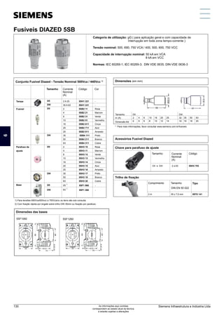 Conjunto Fusível Diazed - Tensão Nominal 500Vca / 440Vcc 1)
Fusíveis DIAZED 5SB
Categoria de utilização: gG ( para aplicação geral e com capacidade de
interrupção em toda zona tempo-corrente )
Tensão nominal: 500, 690, 750 VCA / 400, 500, 600, 750 VCC
Capacidade de interrupção nominal: 50 kA em VCA
8 kA em VCC
Normas: IEC 60269-1; IEC 60269-3; DIN VDE 0635; DIN VDE 0636-3
1) Para tensões 690Vca/600vcc e 750Vca/cc os itens são sob consulta.
2) Com fixação rápida por engate sobre trilho DIN 35mm ou fixação por parafuso.
Tamanho
Tampa
Fusível
Parafuso de
ajuste
Base
DII
DIII
DII
DIII
DII
DIII
2 A 25
35 A 63
2
4
6
10
16
20
25
35
50
63
2
4
6
10
16
20
25
35
50
63
1)
25
1)
63
Corrente
Nominal
(A)
5SH1 221
5SH1 231
5SB2 11
5SB2 21
5SB2 31
5SB2 51
5SB2 611
5SB2 711
5SB2 811
5SB4 111
5SB4 211
5SB4 311
5SH3 10
5SH3 11
5SH3 12
5SH3 13
5SH3 14
5SH3 15
5SH3 16
5SH3 17
5SH3 18
5SH3 20
Código
5SF1 060
5SF1 260
Dimensões (em mm)
Tamanho Corrente
Nominal
(A)
Código
2 a 63 5SH3 703
Chave para parafuso de ajuste
Trilho de fixação
Comprimento Tamanho Tipo
DIN EN 50 022
2 m 35 x 7,5 mm 5ST0 141
Dimensões das bases
5SF1060 5SF1260
DII e DIII
Tamanho
In (A)
Dimensão Фd
DII
2
6
4
6
10
8
16
10
20
12
25
14
35
16
50
18
63
20
DIII
32
16
Acessórios Fusível Diazed
6
6
* Para mais informações, favor consultar www.siemens.com.br/fusiveis
DII
DIII
-
-
Rosa
Marrom
Verde
Vermelho
Cinza
Azul
Amarelo
Preto
Branco
Cobre
Rosa
Marrom
Verde
Vermelho
Cinza
Azul
Amarelo
Preto
Branco
Cobre
Cor
-
-
Fusíveis DIAZED 5SB
1
5
11
3
9
7
13
2
6
12
4
10
8
14
Siemens Infraestrutura e Indústria Ltda
130 As informações aqui contidas
correspondem ao estado atual da técnica,
e estarão sujeitas a alterações
 
