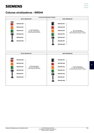 Colunas sinalizadoras - 8WD44
Colunas de Sinalização montadas
MLFB: 8WD4420-5AG MLFB: 8WD4420-5AH
MLFB: 8WD4450-5AG MLFB: 8WD4450-5AH
8WD4420-5AB
Coluna sinalizadora
VD / AM / VM 24VCA/CC
(Três luminosos contínuos)
8WD4420-5AC
8WD4208-0EF
8WD4420-5AD
8WD4408-0AA
8WD4308-0DB
8WD4450-5AB
Coluna sinalizadora
VD / AM / VM 230VCA
(Três luminosos contínuos)
8WD4450-5AC
8WD4208-0EF
8WD4450-5AD
8WD4408-0AA
8WD4308-0DB
Coluna sinalizadora
VD / AM / VM / BZ 24VCA/CC
(Três luminosos contínuos + buzzer)
8WD4420-0FA
8WD4420-5AD
8WD4408-0AA
8WD4308-0DB
8WD44205-AB
8WD4420-5AC
8WD4208-0EF
Coluna sinalizadora
VD / AM / VM / BZ 230VCA
(Três luminosos contínuos + buzzer)
8WD4450-0FA
8WD4450-5AD
8WD4408-0AA
8WD4308-0DB
8WD4450-5AB
8WD4450-5AC
8WD4208-0EF
7
Siemens Infraestrutura e Indústria Ltda 143
As informações aqui contidas
correspondem ao estado atual da técnica,
e estarão sujeitas a alterações
 