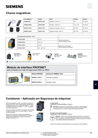 Chave Magnética Atuador Versão Contatos Tamanho
3SE6604-2BA 3SE6704-2BA Retangular - cabo de 3 m 2 NF 25 x 88 mm
3SE6606-2BA04 3SE6704-2BA Retangular - cabo de 3 m 1 NA + 2 NF 25 x 88 mm
3SE6617-3CA04 3SE6714-3CA Ligação para esquerda - cabo 3 m 2NF+1NF* 26 x 36 mm
3SE6627-3CA04 3SE6714-3CA Ligação para direita - cabo 3 m 2NF+1NF* 26 x 36 mm
Chaves magnéticas
Para aplicações específicas - 45 mm
3TK2810-0BA01 24 V CC
Relé de velocidade zero
(monitor de fases do motor)
3TK2810-0GA01 230 V CC
3TK2810-1BA41 24V CC
Relé monitor de velocidade
(leitor de sensores ou encoders)
3TK2810-1KA41 120 ... 240 V CA
Contato NF - Ruptura forçada conforme IEC60947-5-1, anexo K e DIN VDE 0660, parte 200.
Comando
Bi-Manual
3SU18033NB001AE1
(Plástico)
3SE7150-1BH00
(1NA + 2 NF)
Caixa Aberta
3SE5 250-0LC05
(1NA + 2NF)
Pedaleira
3SE2 924-3AA20
(2NA + 2NF)
Contatores – Aplicação em Segurança de máquinas
Desde seu lançamento mundial, os contatores de potência e
auxiliar SIRIUS 3RT e 3RH, respectivamente, são fabricados
e testados de acordo com as normas IEC 60947-4-1 - Anexo
F (Contatos espelhos) e IEC 60947-5-1 - Anexo L (Contatos
mecanicamente guiados).
A linha de contatores de potência 3TS também são fabricados
e testados de acordo com a norma IEC 60947-4-1 Anexo F
(Contatos espelhos).
Somente são aceitos como válidos para aplicações de
segurança os contatores em conformidade com as normas
citadas acima, atendendo assim todos os requisitos de
utilização conforme NR-12.
Contato espelho -
Atendimento a norma IEC 60947-4-1, Anexo F
Definição: De acordo com a norma 60947-4-1, anexo F, o contato espelho
é um contato auxiliar NF (Normalmente fechado) que não pode ser fechado
simultaneamente com o contato principal NA (Normalmente aberto).
Contatos mecanicamente guiados -
Atendimento a norma IEC 60947-5-1, Anexo L
Definição: Contatos mecanicamente guiados de acordo com a norma IEC
60947-5-1, Anexo L, são a combinação dos contatos NA e dos contatos NF a
qual a característica construtiva dos mesmos, previne que ambos os contatos
nunca estejam fechados simultaneamente.
Solicite a documentação comprovatória junto ao seu agente de vendas SIEMENS.
Módulo de Interface PROFINET
para conexão com relé de segurança 3SK2 ou 3RK3
Módulo PROFINET Interface IO 100MBit/s RJ45
3SK2511-1FA10 Conexão a parafuso
3SK2511-2FA10 Conexão a mola
9
Siemens Infraestrutura e Indústria Ltda 165
As informações aqui contidas
correspondem ao estado atual da técnica,
e estarão sujeitas a alterações
 