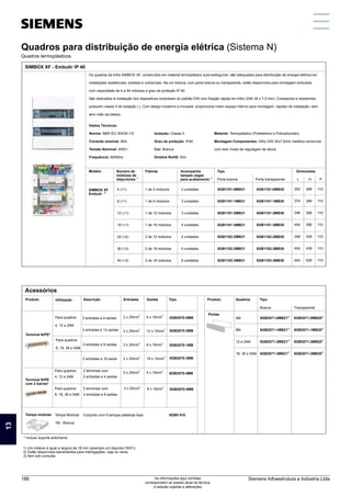 Quadros para distribuição de energia elétrica (Sistema N)
Quadros termoplásticos
Número de
módulos de
1)
disjuntores
Produto
Porta transparente
Tipo
Porta branca
SIMBOX XF
2)
Embutir
8GB2070-0MB
8GB2070-2MB
L H P
* incluso suporte antichama
SIMBOX XF - Embutir IP 40
Acessórios
Utilização Descrição
Portas
Tipo Produto Quadros Tipo
Tampa Modular
1M - Branca
Branca
Tampa modular
3)
8GB2071-0MB21
3)
8GB2071-1MB21
3)
8GB2071-2MB21
3)
8GB2071-3MB21
4M
8M
12 e 24M
18, 36 e 54M
2
4 x 16mm
2
12 x 10mm
2
8 x 16mm
2
18 x 10mm
2
4 x 16mm
Modelo
4 (+1)
8 (+1)
12 (+1)
18 (+1)
24 (+2)
36 (+2)
54 (+3)
8GB1181-0MB31
8GB1181-1MB31
8GB1181-2MB31
8GB1181-3MB31
8GB1182-2MB31
8GB1182-3MB31
8GB1183-3MB31
202
274
346
454
346
454
454
286
286
286
286
436
436
626
110
110
110
110
110
110
110
8GB1181-0MB30
8GB1181-1MB30
8GB1181-2MB30
8GB1181-3MB30
8GB1182-2MB30
8GB1182-3MB30
8GB1183-3MB30
2
2 x 25mm
2
2 x 25mm
2
3 x 25mm
2
2 x 25mm
2
2 x 25mm
Transparente
3)
8GB2071-0MB20
3)
8GB2071-1MB20
3)
8GB2071-2MB20
3)
8GB2071-3MB20
Os quadros da linha SIMBOX XF, construídos em material termoplástico auto-extinguível, são adequados para distribuição de energia elétrica em
instalações residenciais, prediais e comerciais. Na cor branca, com porta branca ou transparente, estão disponíveis para montagem embutida,
com capacidade de 4 a 54 módulos e grau de proteção IP 40.
São dedicados à instalação dos dispositivos modulares do padrão DIN com fixação rápida em trilho (DIN 35 x 7,5 mm). Compactos e resistentes,
possuem classe II de isolação ( ). Com design moderno e inovador, proporciona maior espaço interno para montagem, rapidez de instalação, sem
abrir mão da beleza.
Dados Técnicos:
Norma: NBR IEC 60439-1/3
Corrente nominal: 80A
Tensão Nominal: 400V~
Frequência: 50/60Hz
Isolação: Classe II
Grau de proteção: IP40
Cor: Branca
Diretiva RoHS: Sim
Material: Termoplástico (Poliestireno e Policarbonato)
Montagem Componentes: trilho DIN 35x7,5mm metálico removível
com dois níveis de regulagem de altura.
Fileiras
1 de 4 módulos
1 de 8 módulos
1 de 12 módulos
1 de 18 módulos
2 de 12 módulos
2 de 18 módulos
3 de 18 módulos
Acompanha
tampas cegas
1)
para acabamento
Dimensões
2 unidades
3 unidades
3 unidades
4 unidades
4 unidades
5 unidades
8 unidades
Entradas Saídas
2 entradas e 4 saídas
2 entradas e 12 saídas
Terminal N/PE
com 2 barras*
Para quadros
4, 12 e 24M
Terminal N/PE*
Para quadros
4, 12 e 24M
Para quadros
8, 18, 36 e 54M
8GB0 910
Conjunto com 6 tampas plásticas lisas
1) Um módulo é igual a largura de 18 mm (exemplo um disjuntor 5SX1).
2) Estão disponíveis barramentos para interligações, veja no verso.
3) Item sob consulta.
8GB2070-1MB
8GB2070-3MB
8GB2070-4MB
3 entradas e 8 saídas
2 entradas e 18 saída
2 terminais com
2 entradas e 4 saídas
2 terminais com
3 entradas e 8 saídas
2
8 x 16mm
2
3 x 25mm 8GB2070-5MB
Para quadros
8, 18, 36 e 54M
Quadros para distribuição de energia elétrica (Sistema N)
Quadros termoplásticos
13
Siemens Infraestrutura e Indústria Ltda
186 As informações aqui contidas
correspondem ao estado atual da técnica,
e estarão sujeitas a alterações
 