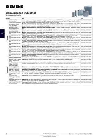 Comunicação industrial
Wireless Industrial
Modelo Item Tipo
Antenas
ANTENA ANT795-
6MN 2.4/5 GHz
OMINIDIRECIONAL 200M
Aparelho para transmissão ou recepção de dados: Antena Omnidirectional ANT795-6MN com conector N-Fêmea: ganho de 6/8
Dbi 2,4 / 5GHz respectivamente;IP65 (-40- + 70 Dgr C), de acordo com aprovações nacionais; para a montagem no teto e veículos;
Escopo de fornecimento: Manual compacto impresso Alemão / Inglês; ANT795-6MN.
6GK5795-6MN10-0AA6
ANTENA ANT795-6MP
2.4/5 GHz OMINI
Aparelho para transmissão ou recepção de dados: Antena Omnidirectional ANT795-6MP com conector N-Fêmea: ganho de 5/7
Dbi 2,4 / 5GHz respectivamente; IP65 (-40- + 80 Dgr C), de acordo com aprovações nacionais; para a montagem em mastro ou
parede; Escopo de fornecimento: Antena e Suporte de fixação.
6GK5795-6MP00-0AA0
ANTENA COAXIAL
ANT792-4DN 2.4GHZ
Aparelho para transmissão ou recepção de dados Rcoax ANT792-4DN: N Connect; Fêmea: 2.4Ghz; Ip67; Temperatura -40 Até
70ºC
6GK5792-4DN00-0AA6
ANTENA COAXIAL
ANT793-4MN 5GHZ
Aparelho para transmissão ou recepção de dados Rcoax Ant793-4MN: N-Connect; Fêmea: 5 Ghz;Ip67; Temperatura -40 Até
70ºC.
6GK5793-4MN00-0AA6
ANTENA IWLAN ANT793-
6DG
Aparelho para transmissão ou recepção de dados ANT793-6DG: Antena Direcional com 2X Conexões N-Fêmea: 9dBi; Ip67 (-40-
+ 80ºC); 5 Ghz; Montagem Em Parede Ou Mastro
6GK5793-6DG00-0AA0
ANTENA IWLAN ANT793-
8DJ
Aparelho para transmissão ou recepção de dados ANT793-8DJ: Antena Polarização Vertical; 2X Com Conector N-Femea;
18dBi; Ip65 (-45- + 70ºC); 5Ghz; para Montagem Em Parede Ou Mastro; Escopo De Fornecimento: 1X Ant793-8Dj
6GK5793-8DJ00-0AA0
ANTENA IWLAN ANT795-
4MA
Aparelho para transmissão ou recepção de dados ANT795-4MA: Antena Ominidirecional: 4DBi; Com Conector Rsma; Ip30 (-20-
+ 60ºC); 2,4/5Ghz; para Montagem Direta no Scalance W; Conexão Rsma; Escopo De Fornecimento: 1X Ant795-4Ma
6GK5795-4MA00-0AA3
ANTENA IWLAN ANT795-
4MC
Aparelho para transmissão ou recepção de dados ANT795-4MC: Antena Omnidirecional; Conector Macho Para N-Connect para
Conexão no Scalance W; 4dBi;Ip65 (-20 + 60ºC);2,4/5Ghz
6GK5795-4MC00-0AA3
ANTENA IWLAN ANT795-
4MB
Antena para transmissão ou recepção de dados via WiFi: Utilizada exclusivamente em roteadores WiFi; Modelo: ANT795-4MB
Antena Omnidirecional; Conector Macho conexão tipo RSMA para Conexão no Scalance W; 2/3 dBi; Grau de proteção IP65 (-20 +
60ºC); 2,4/5Ghz.
6GK5795-4MB00-0AA0
ANTENA IWLAN ANT795-
4MD
Aparelho para transmissão ou recepção de dados ANT795-4MD: Antena Omnidirectional conector N-Fêmea; 4DdBi; Ip65 (-20- +
60ºC); 2,4/5Ghz; de acordo com Aprovações Nacionais; Montagem Direta no Scalance W
6GK5795-4MD00-0AA3
ANTENA IWLAN ANT795-
4MX
Aparelho para transmissão ou recepção de dados ANT795-4MX: Antena Omnidirectional conector N-Macho; 2/2,5 DBI; Ip67/69k
(-40º + 85º C); 2,4/5Ghz; de acordo com Aprovações Nacionais; Montagem Direta no Scalance W
6GK5795-4MX00-0AA0
ANTENA IWLAN ANT795-
6DC
Aparelho para transmissão ou recepção de dados ANT795-6DC: Antena Direcional Com Conector N-Fêmea: 9 dBi;Ip67 (-40 ° A
+ 80 °C) Frequências 2.4/5 Ghz; Para Montagem Em Parede Ou Mastro; Escopo De Fornecimento: 1X Ant795-6DC
6GK5795-6DC00-0AA0
ANTENA IWLAN ANT795-
6MT
Aparelho para transmissão ou recepção de dados ANT795-6MT: Antena Mimo; Omni-Direcional com 3 X Conexões Qma; 5/6
dBi; Ip65 (-40- + 85ºC);2,4/5Ghz.
6GK5795-6MT00-0AA0
Acessórios
Adaptador angulado RSMA
Adaptador Angulado em 90º: Metálico e com conexão RSMA; Para uso em dispositivos de rede como Access Points e Roteadres
Wireless da linha SCALANCE W
6GK5798-1CS00-4AA0
ADAP. DE CON. P/ PAINEL
(PROT. DE SURTO) P/
IWLAN
SIMATIC NET: conector IWLAN RCOAX/SMA femea/femea, painel 2.4 GHz, Expessura máxima de parede 5.5mm 6GK5798-0PT00-2AA0
ADAPT. DE CON. P/
PAINEL (PROT. DE
SURTO) P/ IWLAN
Conector femea/femea: para painel de 2.4GHz e % GHz para IWLAN RCOAX N; Expessura máxima da parede: 4.5mm 6GK5798-2PP00-2AA6
Adapt mont p trilho DIN
SCALANCE W778/738
Adaptador de montagem em trilho Din para SCALANCE W-778/W-778EEC/W738 M12: Escopo de fornecimento: adaptador de
montagem incluso material de fixação
6GK5798-8MF00-0AA1
Adapt 90º p trilho DIN
SCALANCE W778/738
Adaptador de montagem em 90º graus trilho Din 35mm para SCALANCE W-778/W-778EEC/W738 M12: Escopo de fornecimen-
to: adaptador de montagem incluso material de fixação
6GK5798-8MA00-0AA1
ADAPT. DE MONT. P/ S.
W-788 M12 E S. W-788
RJ45
Adaptador de montagem em trilho din para SCALANCE W-788 m12 e SCALANCE W-788RJ45: din rail 35 mm de acordo com
din en 50 022; Escopo de fornecimento: adaptador de montagem incluso material de fixação, 3 peças por pacote
6GK5798-8ML00-0AB3
ANILHA M6 PARA
INSTALAÇÃO DE CABO
RCOAX
SIMATIC NET: ANILHA M6 PARA INSTALAÇÃO DE CABO RCOAX IWLAN (WIRELESS LAN), PACOTE COM 10 PCs. 6GK5798-8MC00-0AC1
ANILHA M6 PARA INST. DE
CABO RCOAX
SIMATIC NET: IWLAN RCOAX THREADED WASHER M6 FOR RCOAX CABLE CLIP 1/2" 100 PIECES THREADED WASHER FOR
RCOAX CABLE CLIP 1/2" FOR USE OF THREAD BOLT M6
6GK5798-8MC00-0AM1
Suporte para SCALANCE
W1750D-2IA RJ45
Suporte plastico para montagem em teto do Access Point SCALANCE W1750D: Escopo de fornecimento: 1 Suporte de Monta-
gem; 2 Adaptadores RJ45; 2 Cabos curtos RJ45; Parafusos de fixação e Manual
6GK5798-8MM00-0AA1
3
Siemens Infraestrutura e Indústria Ltda
22 As informações aqui contidas
correspondem ao estado atual da técnica,
e estarão sujeitas a alterações
 