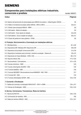 versão: MAI/21
Componentes para instalações elétricas industriais,
comerciais e prediais
Índice Páginas
5.9. Sistema de barramento de alimentação para SIRIUS Innovations - Infeed System 3RV29 ........... 58
5.10. Relés e Contatores de estado sólido SIRIUS - 3RF2 e 3RF3........................................................	 59 a 61
5.11. Partida ultra-compacta SIRIUS - 3RM1.......................................................................................... 62
5.12. Soft starter - Matriz de seleção...................................................................................................... 63
5.13. Soft starter - Guia rápido de seleção..............................................................................................	 64 a 65
5.14. Soft starters - Guia completo de seleção.......................................................................................	 66 a 81
5.15. Chave de partida em caixa plástica - 3TW8................................................................................... 82
6. Proteção, Seccionamento e Comutação em instalações elétricas
6.1. Minidisjuntores.................................................................................................................................	 83 a 88
6.2. Dispositivos DR / Módulos DR / Disjuntores DR..............................................................................	 89 a 90
6.3. Dispositivos de proteção contra-surtos DPS....................................................................................	 91 a 94
6.4. Dispositivos modulares para comando, manobra e proteção - Sistema N......................................	 95 a 97
6.5. Disjuntores em Caixa Moldada - 3VM e 3VA ...................................................................................	 98 a 116
6.6. Disjuntor Aberto 3WL........................................................................................................................	 117 a 120
6.7. Seccionadores / Comutadores.........................................................................................................	 121 a 128
6.8. Fusíveis cilíndricos - 3NW ............................................................................................................... 129
6.9. Fusíveis ultrarrápidos SILIZED - 5SD.............................................................................................. 129
6.10. Fusíveis DIAZED - 5SB.................................................................................................................. 130
6.11. Fusíveis NEOZED / Seccionadores-fusível MINIZED - 5SE / 5SG ............................................... 131
6.12. Fusíveis NH - 3NA.......................................................................................................................... 132
6.13. Fusíveis ultrarrápidos SITOR - 3NE...............................................................................................	 133 a 134
7. Comando e Sinalização
7.1. Botões de comando e sinalização SIRIUS ACT - 3SU1 e 3SB6......................................................	 135 a 141
7.2. Colunas de Sinalização - 8WD.........................................................................................................	 142 a 143
8. Bornes, Conversores, Transdutores, Reles de Interface
8.1. Bornes ALPHA FIX ..........................................................................................................................	 144 a 155
8.2. Conversores de interface - 3RS....................................................................................................... 156
8.3. Relés de interface SIRIUS - 3RQ.....................................................................................................	 157 a 161
1
5
11
3
9
7
13
2
6
12
4
10
8
14
Siemens Infraestrutura e Indústria Ltda 3
As informações aqui contidas
correspondem ao estado atual da técnica,
e estarão sujeitas a alterações
 