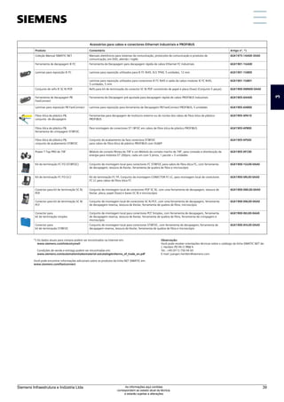 Acessórios para cabos e conectores Ethernet industriais e PROFIBUS
Produto Comentário Artigo nº. *)
Coleção Manual SIMATIC NET Manuais eletrônicos para sistemas de comunicação, protocolos de comunicação e produtos de
comunicação, em DVD, alemão / inglês
6GK1975-1AA00-3AA0
Ferramenta de decapagem IE FC Ferramenta de Decapagem para decapagem rápida de cabos Ethernet FC Industriais 6GK1901-1GA00
Laminas para reposição IE FC Laminas para reposição utilizados para IE FC RJ45, ELS TP40, 5 unidades, 12 mm 6GK1901-1GB00
Laminas para reposição utilizados para conectores IE FC RJ45 e saída de cabos modular IE FC RJ45,
5 unidades, 5 mm
6GK1901-1GB01
Conjunto de refis IE SC RJ POF Refis para kit de terminação do conector SC RJ POF consistindo de papel e placa (lixas) (Conjunto 5 peças) 6GK1900-0MN00-0AA0
Ferramenta de decapagem PB
FastConnect
Ferramenta de Decapagem pré-ajustada para decapagem rápida de cabos PROFIBUS Industriais 6GK1905-6AA00
Laminas para reposição PB FastConnect Laminas para reposição para ferramenta de Decapagem PB FastConnect PROFIBUS, 5 unidades 6GK1905-6AB00
Fibra ótica de plástico PB,
conjunto de decapagem
Ferramentas para decapagem de invólucro externo ou do núcleo dos cabos de fibra ótica de plástico
PROFIBUS
6GK1905-6PA10
Fibra ótica de plástico PB,
ferramenta de crimpagem ST/BFOC
Para montagem de conectores ST / BFOC em cabos de fibra ótica de plástico PROFIBUS 6GK1905-6PB00
Fibra ótica de plástico PB,
conjunto de acabamento ST/BFOC
Conjunto de acabamento da face conectora ST/BFOC
para cabos de fibra ótica de plástico PROFIBUS com OLM/P
6GK1905-6PS00
Power T-Tap PRO de 7/8" Módulo de contato fêmea de 7/8” e um Módulo de contato macho de 7/8”, para conexão e distribuição de
energia para módulos ET 200pro, cada um com 5 pinos, 1 pacote = 5 unidades
6GK1905-0FC00
Kit de terminação FC FO (ST/BFOC) Conjunto de montagem local para conectores FC ST/BFOC para cabos de fibra ótica FC, com ferramenta
de decapagem, tesoura de Kevlar, ferramenta de quebra de fibra e microscópio
6GK1900-1GL00-0AA0
Kit de terminação FC FO (LC) Kit de terminação FC FP, Conjunto de montagem CONECTOR FC LC, para montagem local de conectores
FC LC para cabos de fibra ótica FC
6GK1900-0RL00-0AA0
Conector para kit de terminação SC RJ
POF
Conjunto de montagem local de conectores POF SC RJ, com uma ferramenta de decapagem, tesoura de
Kevlar, placa, papel (lixas) e bases SC RJ e microscópio
6GK1900-0ML00-0AA0
Conector para kit de terminação SC RJ
PCF
Conjunto de montagem local de conectores SC RJ PCF, com uma ferramenta de decapagem, ferramenta
de decapagem reserva, tesoura de Kevlar, ferramenta de quebra de fibra, microscópio
6GK1900-0NL00-0AA0
Conector para
kit de terminação simplex
Conjunto de montagem local para conectores PCF Simplex, com ferramenta de decapagem, ferramenta
de decapagem reserva, tesoura de Kevlar, ferramenta de quebra de fibra, ferramenta de crimpagem e
microscópio
6GK1900-0KL00-0AA0
Conector para
kit de terminação ST/BFOC
Conjunto de montagem local para conectores ST/BFOC, com ferramenta de decapagem, ferramenta de
decapagem reserva, tesoura de Kevlar, ferramenta de quebra de fibra e microscópio
6GK1900-0HL00-0AA0
*)	Os dados atuais para compra podem ser encontrados na Internet em:
www.siemens.com/industrymall
Condições de venda e entrega podem ser encontradas em:
www.siemens.com/automation/salesmaterial-as/catalog/en/terms_of_trade_en.pdf
Você pode encontrar informações adicionais sobre os produtos da linha NET SIMATIC em:
www.siemens.com/fastconnect
Observação:
Você pode receber orientações técnicas sobre o catálogo da linha SIMATIC NET de:
J. Hertlein PD PA CI PRM 4
Tel.: +49 (911) 750 44 65
E-mail: juergen.hertlein@siemens.com
3
Siemens Infraestrutura e Indústria Ltda 39
As informações aqui contidas
correspondem ao estado atual da técnica,
e estarão sujeitas a alterações
 