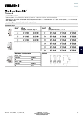 Minidisjuntores 5SL1
Sistema N
Disjuntores 5SL1
Corrente
nominal
Tipo
Curva B
(disparo em curto-circuito 3 a 5 x In)
Corrente
nominal
Tipo
Curva C
(disparo em curto-circuito 5 a 10 x In)
Monopolar Bipolar Monopolar Bipolar Tripolar
6 A 5SL1 106-6MB 5SL1 206-6MB 2 A 5SL1 102-7MB 5SL1 202-7MB 5SL1 302-7MB
10 A 5SL1 110-6MB 5SL1 210-6MB 4 A 5SL1 104-7MB 5SL1 204-7MB 5SL1 304-7MB
13 A 5SL1 113-6MB 5SL1 213-6MB 6 A 5SL1 106-7MB 5SL1 206-7MB 5SL1 306-7MB
16 A 5SL1 116-6MB 5SL1 216-6MB 10 A 5SL1 110-7MB 5SL1 210-7MB 5SL1 310-7MB
20 A 5SL1 120-6MB 5SL1 220-6MB 13 A 5SL1 113-7MB 5SL1 213-7MB 5SL1 313-7MB
25 A 5SL1 125-6MB 5SL1 225-6MB 16 A 5SL1 116-7MB 5SL1 216-7MB 5SL1 316-7MB
32 A 5SL1 132-6MB 5SL1 232-6MB 20 A 5SL1 120-7MB 5SL1 220-7MB 5SL1 320-7MB
40 A 5SL1 140-6MB 5SL1 240-6MB 25 A 5SL1 125-7MB 5SL1 225-7MB 5SL1 325-7MB
32 A 5SL1 132-7MB 5SL1 232-7MB 5SL1 332-7MB
40 A 5SL1 140-7MB 5SL1 240-7MB 5SL1 340-7MB
50 A 5SL1 150-7MB 5SL1 250-7MB 5SL1 350-7MB
63 A 5SL1 163-7MB 5SL1 263-7MB 5SL1 363-7MB
70 A 5SL1 170-7MB 5SL1 270-7MB 5SL1 370-7MB
80 A 5SL1 180-7MB 5SL1 280-7MB 5SL1 380-7MB
Capacidade de interrupção máxima
NBR NM 60898
127/220 VCA 220/380 VCA
5 kA 3 kA
NBR IEC 60947-2
127/220 VCA 220/380 VCA
5 kA 4,5 kA
Dimensões
90
45
44
6
70
1P
18
2
1
2P
2
1
4
3
3P
2
1
4
3
6
5
36 54
Características básicas
Os disjuntores 5SL1 foram projetados para utilização em instalações residenciais e comerciais de pequeno/médio porte.
Estão disponíveis nas correntes nominais de 2A até 80A nas execuções monopolar (1P), monopolar, bipolar (2P) e tripolar (3P) nas curvas B e C e de acordo com a
norma NBR NM 60898.
Com total proteção no manuseio, tem sua instalação simples e rápida.
6
Siemens Infraestrutura e Indústria Ltda 83
As informações aqui contidas
correspondem ao estado atual da técnica,
e estarão sujeitas a alterações
 