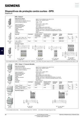 Dispositivos de proteção contra surtos - DPS (Sistema N)
5SD7 461-1
5SD7 464-0
5SD7 463-1
5SD7 463-0
DPS - Classe II
Dados técnicos básicos
Execução
3 pólos - ( 3 Fases )
para sistemas TN-S, TN-C e TT
4 pólos - ( 3 Fases e N/PE )
para sistemas TN-S, TN-C e TT
480/277 VCA, UN 380/220 VCA e 220/127 VCA
350VCA ( L/N ) / 260VCA ( N/PE )
( L/N ) ≤ 1,4 kV
( N/PE ) ≤ 1,5 kV
≤ 25 ns ( L/N ) / ≤ 100ns ( N/PE )
Fusível 125A ( gL/gG )
-40 a + 80 ºC
IP20 ( proteção contra contato direto )
Rápida em trilho 35 x 7,5 mm ( IEC 60715 )
Fio/Cabo: 1,5 a 35 mm² / Cabo flexível com terminal: 1,5 a 25 mm²
Terminais DPS: 4,5 Nm / Terminais de Sinalização Remota: 0,25 Nm
IEC 61643-11
KEMA (CENELEC)
Corrente nominal
de descarga In
( onda 8/ 20µs)
20 kA
20 kA
Sinalização
2)
Remota
Não
Sim
Não
Sim
90
99
90
99
54
3)
( 3 M )
72
3)
( 4 M )
70
70
L H P
Esquemas de ligação:
DPS - Classe II - Conjunto Montado
Dimensões
Tensão nominal de rede U :
N
Tensão máxima de operação contínua U :
c
Nível de proteção de tensão U :
p
Tempo de resposta T :
A
Máxima proteção back-up:
Temperatura ambiente:
Grau de proteção:
Fixação:
Seção dos condutores:
Torque:
Normas:
Certificação:
Código
MLFB
5SD7 463-0
5SD7 463-1
5SD7 464-0
5SD7 464-1
1)
Construção
Plug-in
Plug-in
3P - Sist. TNC
5SD7 463-*
Corrente nominal
de descarga Imax
( onda 8/ 20µs)
40 kA
40 kA
3P + N - Sist. TNS/TT
5SD7 464-*
Dados técnicos básicos
Execução
1 pólo - ( L/PE - L/PEN - L/N )
para sistemas TN-S, TN-C e TT
1 pólo - ( N/PE )
4)
para sistemas TT
480/277 VCA, UN 380/220 VCA e 220/127 VCA
350VCA ( L/N ) / 260VCA ( N/PE )
( L/N ) ≤ 1,4 kV
( N/PE ) ≤ 1 kV
≤ 25 ns ( L/N ) / ≤ 100ns ( N/PE )
Fusível 125A ( gL/gG )
-40 a + 80 ºC
IP20 ( proteção contra contato direto )
Rápida em trilho 35 x 7,5 mm ( IEC 60715 )
Fio/Cabo: 1,5 a 35 mm² / Cabo flexível com terminal: 1,5 a 25 mm²
Terminais DPS: 4,5 Nm / Terminais de Sinalização Remota: 0,25 Nm
61643-11
KEMA ( CENELEC )
Corrente nominal
de descarga In
( onda 8/ 20µs)
20 kA
20 kA
Sinalização
2)
Remota
Não
Sim
Não
90
99
90
18
3)
( 1 M )
70
L H P
2P + N - Sist. TNS
3 x 5SD7 46*-*
Esquemas de ligação:
Dimensões
Tensão nominal de rede U :
N
Tensão máxima de operação contínua U :
c
Nível de proteção de tensão U :
p
Tempo de resposta T :
A
Máxima proteção back-up:
Temperatura ambiente:
Grau de proteção:
Fixação:
Seção dos condutores:
Torque:
Normas:
Certificação:
Código
MLFB
5SD7 461-0
5SD7 461-1
5SD7 481-0
1)
Construção
Plug-in
Plug-in
3P + N - Sist. TT
3 x 5SD7 46*-*
1 x N/PE - 5SD7 481-0
3P + N - Sist. TNS
4 x 5SD7 46*-*
Corrente nominal
de descarga Imax
( onda 8/ 20µs)
40 kA
40 kA
1P + N - Sist. TNS
2 x 5SD7 46*-*
1) Com indicação frontal de falha. 2) Com contato de alarme 1NA - 1A/250VCA. 3) Um módulo (1M) é igual a largura de 18mm. 4) Corrente de impulso de descarga limp (onda 10/350 s):12kA.
1) Com indicação frontal de falha. 2) Com contato de alarme 1NA - 1A/250VCA. 3) Um módulo (1M) é igual a largura de 18mm.
5SD7 461-0
1 polo
( 1P )
1 polo
( 1P )
1 polo
( 1N )
3 polos
( 3P )
3 polos
( 3P )
4 polos
( 3P + N )
4 polos
( 3P + N )
5SD7 481-0
5SD7 464-1
L2
F1
L3
N
L1
L2
L3
N
L1
PE PE
L2
F1
N
L1
L2
N
L1
PE PE
F1
N
L1
N
L1
PE PE
L2
F1
L3
N
L1
L2
L3
N
L1
PE PE
N
PE L1 L2 L3
L2
F1
L1 L2 L3
L3
PEN
L1
PEN
SR
L2
L3
PEN
L1
L2
F1
L1 L2 L3
L3
N
L1
PE
SR
L2
L3
N
L1
N
PE
Dispositivos de proteção contra surtos - DPS
Sistema N
1
5
11
3
9
7
13
2
6
12
4
10
8
14
Siemens Infraestrutura e Indústria Ltda
92 As informações aqui contidas
correspondem ao estado atual da técnica,
e estarão sujeitas a alterações
 