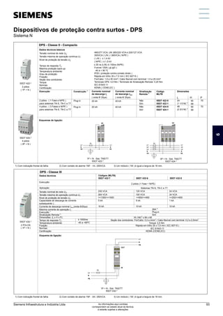 Dispositivos de proteção contra surtos - DPS (Sistema N)
DPS - Classe III
Tensão nominal de rede U :
N
Tensão máxima de operação contínua U :
c
Nível de proteção de tensão U :
p
Capacidade de descarga de corrente
subsequente I :
n
Corrente de descarga nominal I (onda 8/20µs)
max
Máxima corrente de operação I :
L
1)
Execução
2)
Sinalização Remota
Dimensões: (L x H x P):
Tempo de resposta T :
A
Temperatura ambiente:
Fixação:
Normas:
Certificação:
Esquema de ligação:
1) Com indicação frontal de falha. 2) Com contato de alarme 1NF - 3A / 250VCA. 3) Um módulo ( 1M ) é igual a largura de 18 mm.
5SD7 432-*
5SD7 424-*
4 pólos
5SD7 422-*
2 pólos
( 1P + N )
( 3P + N )
2 POLOS
( 1P + N )
Execução:
DPS - Classe II - Compacto
Dados técnicos básicos
Execução
2 pólos - ( 1 Fase e N/PE )
para sistemas TN-S, TN-C e TT
4 pólos - ( 3 Fases e N/PE )
para sistemas TN-S, TN-C e TT
480/277 VCA, UN 380/220 VCA e 220/127 VCA
350VCA ( L/N ) / 260VCA ( N/PE )
( L/N ) ≤ 1,4 kV
( N/PE ) ≤ 1,5 kV
≤ 25 ns (L/N) /≤ 100ns (N/PE)
Fusível 125A ( gL/gG )
-40 a + 80 ºC
IP20 ( proteção contra contato direto )
Rápida em trilho 35 x 7,5 mm ( IEC 60715 )
Fio/Cabo: 1,5 a 35 mm² / Cabo flexível com terminal: 1,5 a 25 mm²
Terminais DPS: 4,5 Nm / Terminais de Sinalização Remota: 0,25 Nm
IEC 61643-11
KEMA ( CENELEC )
Corrente nominal
de descarga In
( onda 8/ 20µs)
20 kA
20 kA
Sinalização
2)
Remota
Não
Sim
Não
Sim
90
99
90
99
24
3)
(1 1/3 M)
48
3)
(2 2/3 M)
70
70
L H P
Esquemas de ligação:
Dimensões
Tensão nominal de rede U :
N
Tensão máxima de operação contínua U :
c
Nível de proteção de tensão U :
p
Tempo de resposta T :
A
Máxima proteção back-up:
Temperatura ambiente:
Grau de proteção:
Fixação:
Seção dos condutores:
Torque:
Normas:
Certificação:
Código
MLFB
5SD7 422-0
5SD7 422-1
5SD7 424-0
5SD7 424-1
1)
Construção
Plug-in
Plug-in
Corrente nominal
de descarga Imax
( onda 8/ 20µs)
40 kA
40 kA
Dados técnicos
2 pólos (1 Fase + N/PE)
Aplicação: Sistemas TN-S, TN-C e TT
5SD7 432-6
120 VCA
150 VCA
<=850/<=950
5 kA
10 kA
5SD7 432-5
24 VCA
34 VCA
<=250/<=650
1 kA
10 kA
4)
26A
Plug-in
Sim
Códigos (MLFB)
5SD7 432-7
230 VCA
264 VCA
<=1350/<=1500
5 kA
10 kA
3)
18 (1M) x 90 x 65
Torque: 0,5 Nm
2 2
Seção dos condutores: Fio/Cabo: 0,2 a 4mm / Cabo flexível com terminal: 0,2 a 2,5mm
Rápida em trilho 35 x 7,5 mm ( IEC 60715 )
IEC 61643-11
≤ 1000ms
-40 a +85ºC
1P + N - Sist. TNS/TT
5SD7 422-*
3P + N - Sist. TNS/TT
5SD7 424-*
1) Com indicação frontal de falha. 2) Com contato de alarme 1NF - 1A / 250VCA. 3) Um módulo ( 1M ) é igual a largura de 18 mm.
N
F1
L1
N
L1
PE PE
SR
N
PE L1
L2
F1
L3
N
L1
L2
L3
N
L1
PE PE
SR
N
PE L1 L2 L3
1P + N - Sist. TNS/TT
5SD7 432-*
6 4 2
5 3 1
F1
L1
N
PE
OUT
IN
N
PE
L1
KEMA (CENELEC)
Dispositivos de proteção contra surtos - DPS
Sistema N
6
Siemens Infraestrutura e Indústria Ltda 93
As informações aqui contidas
correspondem ao estado atual da técnica,
e estarão sujeitas a alterações
 