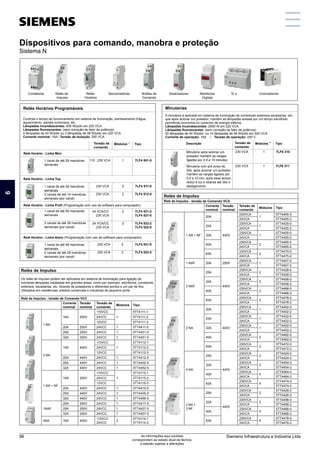 Dispositivos para comando, manobra e proteção (Sistema N)
Relés Horários Programáveis
Controla o tempo de funcionamento em sistema de iluminação, bombeamento d’água,
aquecimento, painéis luminosos, etc.
Lâmpadas incandescentes: 400 W/pólo em 220 VCA.
Lâmpadas fluorescentes: (sem correção de fator de potência)
4 lâmpadas de 40 W/pólo ou 3 lâmpadas de 58 W/pólo em 220 VCA
Corrente nominal: 16A / Tensão de Isolação: 250 VCA
Relé Horário - Linha Astro (Programação com uso de software para computador)
1)
Módulos Tipo
Tensão de
comando
1 canal de até 56 manobras
semanais
2 canais de até 28 manobras
semanais (por canal)
230 VCA
230 VCA
2
2
7LF4 531-0
7LF4 532-0
Relé Horário - Linha Top
1 canal de até 28 manobras
semanais
2 canais de até 14 manobras
semanais (por canal)
230 VCA
230 VCA
2
2
7LF4 511-0
7LF4 512-0
Relé Horário - Linha Profi (Programação com uso de software para computador)
1 canal de até 56 manobras
semanais
2 canais de até 28 manobras
semanais (por canal)
24 VCA/CC
230 VCA
24 VCA/CC
230 VCA
2
2
7LF4 521-2
7LF4 521-0
7LF4 522-2
7LF4 522-0
Minuterias
A minuteria é aplicada em sistema de iluminação de corredores extensos escadarias, etc,
que após acionar um pulsador, mantém as lâmpadas acesas por um tempo escolhido,
permitindo economia no consumo de energia elétrica.
Lâmpadas incandescentes: 2000 W em 220 VCA.
Lâmpadas fluorescentes: (sem correção de fator de potência)
20 lâmpadas de 40 W/pólo ou 14 lâmpadas de 58 W/pólo em 220 VCA
Corrente de operação: 16A / Tensão de operação: 250 V
1)
Módulos Tipo
Tensão de
comando
Minuteria após acionar um
pulsador mantém as cargas
ligadas por 0,5 a 10 minutos.
230 VCA 1 7LF6 310
Descrição
Minuteria com pré aviso de
30s, após acionar um pulsador,
mantém as cargas ligados por
0,5 a 10 min, após esse tempo,
reduz a luz e retarda até 30s o
desligamento
230 VCA 1 7LF6 311
Relé Horário - Linha Mini
1 canal de até 28 manobras
semanais
110...230 VCA 1 7LF4 501-5
Contatores Seccionadoras Sinalizadores
Relés de
Impulso
Relés
Horários
Botões de
Comando
Medidores
Digitais
Tc´s Comutadores
Dispositivos para comando, manobra e proteção
Sistema N
Relés de Impulso
Relé de Impulso - tensão de Comando VCA
Corrente
nominal
Tensão
nominal
Tensão de
comando
Módulos Tipo
1 NA + NF
20A
440V
230VCA
1
5TT4405-0
24VCA 5TT4405-2
25A
230VCA
1
5TT4425-0
24VCA 5TT4425-2
32A
230VCA
1
5TT4455-0
24VCA 5TT4455-2
40A
230VCA
2
5TT4465-0
24VCA 5TT4465-2
63A
230VCA
2
5TT4475-0
24VCA 5TT4475-2
1 NAF 20A 250V
230VCA
1
5TT4407-0
24VCA 5TT4407-2
2 NAF
25A
440V
230VCA
2
5TT4428-0
24VCA 5TT4428-2
32A
230VCA
2
5TT4458-0
24VCA 5TT4458-2
40A
230VCA
2
5TT4468-0
24VCA 5TT4468-2
63A
230VCA
2
5TT4478-0
24VCA 5TT4478-2
2 NA
20A
440V
230VCA
1
5TT4402-0
24VCA 5TT4402-2
25A
230VCA
1
5TT4422-0
24VCA 5TT4422-2
32A
230VCA
1
5TT4452-0
24VCA 5TT4452-2
40A
230VCA
2
5TT4462-0
24VCA 5TT4462-2
63A
230VCA
2
5TT4472-0
24VCA 5TT4472-2
4 NA
25A
440V
230VCA
2
5TT4424-0
24VCA 5TT4424-2
32A
230VCA
2
5TT4454-0
24VCA 5TT4454-2
40A
230VCA
4
5TT4464-0
24VCA 5TT4464-2
63A
230VCA
4
5TT4474-0
24VCA 5TT4474-2
2 NA +
2 NF
25A
440V
230VCA
2
5TT4426-0
24VCA 5TT4426-2
32A
230VCA
2
5TT4456-0
24VCA 5TT4456-2
40A
230VCA
4
5TT4466-0
24VCA 5TT4466-2
63A
230VCA
4
5TT4476-0
24VCA 5TT4476-2
Relés de Impulso
Os relés de impulso podem ser aplicados em sistema de iluminação para ligação de
inúmeras lâmpadas instaladas em grandes áreas, como por exemplo: escritórios, corredores
extensos, escadarias, etc. Através de pulsadores e diferentes pontos e um par de fios.
Utilizados em residências, prédios comerciais e industrias de pequeno porte.
Relé de Impulso - tensão de Comando VCC
Corrente
nominal
Tensão
nominal
Tensão de
comando
Módulos Tipo
1 NA
16A 250V
110VCC
1
5TT4111-1
24VCC 5TT4111-2
12VCC 5TT4111-3
20A 250V 24VCC 1 5TT4411-5
25A 250V 24VCC 1 5TT4431-5
32A 250V 24VCC 1 5TT4451-5
2 NA
16A 400V
110VCC
1
5TT4112-1
24VCC 5TT4112-2
12VCC 5TT4112-3
20A 440V 24VCC 1 5TT4412-5
25A 440V 24VCC 1 5TT4432-5
32A 440V 24VCC 1 5TT4452-5
1 NA + NF
16A 250V
110VCC
1
5TT4115-1
24VCC 5TT4115-2
12VCC 5TT4115-3
20A 440V 24VCC 1 5TT4415-5
25A 440V 24VCC 1 5TT4435-5
32A 440V 24VCC 1 5TT4455-5
1NAF
20A 250V 24VCC 1 5TT4417-5
25A 250V 24VCC 1 5TT4437-5
32A 250V 24VCC 1 5TT4457-5
4NA 16A 400V
110VCC
24VCC
2
5TT4114-1
5TT4114-2
1
5
11
3
9
7
13
2
6
12
4
10
8
14
Siemens Infraestrutura e Indústria Ltda
96 As informações aqui contidas
correspondem ao estado atual da técnica,
e estarão sujeitas a alterações
 