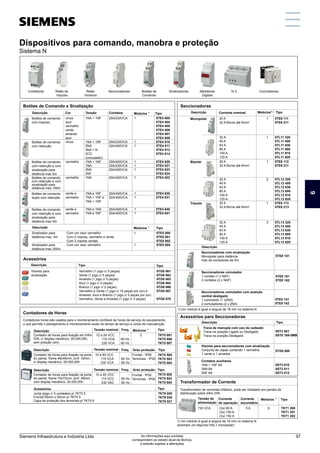 5ST3 012
Dispositivos para comando, manobra e proteção (Sistema N)
Botões de Comando e Sinalização
Botões de comando
com impulso
Botões de comando
com retenção
Botões de comando
com retenção e com
sinalização para
distância max 5m
Botões de comando
com retenção e com
sinalização para
distância max 150m
Botões de comando
duplo com retenção
Botões de comando
com retenção e com
sinalização para
distância max 5m
1NA + 1NF
1NA + 1NF
2NA
3NA + N
2CO
(comutador)
1NA + 1NF
1NA
2NA
2NF
1NA
1NA e 1NF
1NA + 1NF e
1NA + 1NF
1NA e 1NA
1NA e 1NF
1)
Módulos Tipo
Contadores de Horas
Tensão
20A/230VCA
20A/230VCA
20A/400VCA
20A/400VCA
20A/230VCA
20A/400VCA
20A/400VCA
20A/400VCA
20A/400VCA
20A/400VCA
20A/400VCA
5TE4 800
5TE4 804
5TE4 805
5TE4 806
5TE4 807
5TE4 808
5TE4 810
5TE4 811
5TE4 812
5TE4 814
5TE4 820
5TE4 821
5TE4 823
5TE4 824
5TE4 822
5TE4 830
5TE4 831
5TE4 840
5TE4 841
5TE5 800
5TE5 801
5TE5 802
5TE5 804
Sinalizador para
distância max. 5m
Sinalizador para
distância max 250m
Com um visor vermelho
Com 2 visores, vermelho e verde
Com 3 visores verdes
Com um visor vermelho
Descrição
-
60 Hz
60 Hz
1)
Módulos Tipo
Freq.
Tensão nominal
7KT5 801
7KT5 806
7KT5 807
12 a 24 VCC
115 VCA
230 VCA
Contador de horas para fixação em trilho
DIN, c/ display mecânico, 00.000,00h,
sem posição zero.
2
Contadores horas são usados para o monitoramento confiável de horas de serviço do equipamento,
o que permite o planejamento e monitoramento exato do tempo de serviço e ciclos de manutenção.
Cor
Descrição
cinza
azul
vermelho
verde
amarelo
azul
cinza
vermelho
vermelho
verde e
vermelho
verde e
vermelho
Contatos
1
1
1
1
1
1
1
1
1
1
1
Acessórios
Tipo
Tipo
Descrição
1)
Módulos Tipo
Descrição
5TG8 061
5TG8 062
5TG8 063
5TG8 064
5TG8 066
5TG8 067
5TG8 070
Vermelho (1 jogo c/ 5 peças)
Verde (1 jogo c/ 5 peças)
Amarelo (1 jogo c/ 5 peças)
Azul (1 jogo c/ 5 peças)
Branco (1 jogo c/ 5 peças)
Vermelho e Verde (1 jogo c/ 10 peças por cor) e
Amarelo, Azul e Branco (1 jogo c/ 5 peças por cor)
Vermelho, Verde e Amarelo (1 jogo c/ 3 peças)
Visores para
sinalização
Descrição
-
60 Hz
60 Hz
Grau proteção Tipo
Freq.
Tensão nominal
10 a 80 VCC
115 VCA
230 VCA
Contador de horas para fixação na porta
do painel, frame 48x48mm, prof. 34mm,
c/ display mecânico, 00.000,00h.
Frontal - IP52
Terminais - IP00
Descrição
-
60 Hz
60 Hz
10 a 50 VCC
115 VCC
230 VAC
Contador de horas para fixação na porta
do painel, frame 72x72mm, prof. 59mm,
com display mecânico, 00.000,00h.
Grau proteção Tipo
Freq.
Tensão nominal
Acessórios
7KT9 000
7KT9 020
7KT9 021
Junta (jogo c/ 5 unidades) p/ 7KT5 5
Frontal 55mm x 55mm p/ 7KT5 5
Capa de proteção dos terminais p/ 7KT5 6
Tipo
1) Um módulo é igual a largura de 18 mm no sistema N
Seccionadoras
Módulos1)
Tipo
Corrente nominal
Monopolar
Bipolar
Tripolar
20 A
32 A Borne até 6mm2
32 A
40 A
63 A
80 A
100 A
125 A
20 A
32 A Borne até 6mm2
32 A
40 A
63 A
80 A
100 A
125 A
20 A
32 A Borne até 6mm2
32 A
40 A
63 A
80 A
100 A
125 A
1
1
1
2
1
3
5TE8 111
5TE8 211
5TL11 320
5TL11 400
5TL11 630
5TL11 800
5TL11 910
5TL11 920
5TE8 112
5TE8 211
5TL12 320
5TL12 400
5TL12 630
5TL12 800
5TL12 910
5TL12 920
5TE8 113
5TE8 213
5TL13 320
5TL13 400
5TL13 630
5TL13 800
5TL13 910
5TL13 920
Descrição
Seccionadores com sinalização
Monopolar para distância
máx de condutores de 5m
Seccionadores comutador
1 contato (1 x NAF)
2 contatos (2 x NAF)
Seccionadores comutador com posição
central desligado
1 comutador (1 x2NA)
2 comutadores (2 x 2NA)
5TE8 101
Descrição
Tipo
Trava de manopla com uso de cadeado
Trava na posição Ligado ou Desligado
Trava na posição Desligado
Visores para seccionadores com sinalização
Conjunto de capas contendo 1 vermelha,
1 verde e 1 amarela
Contatos auxiliares
1NA + 1NF 6A
2NA 6A
2NF 6A
Descrição
Acessórios para Seccionadoras
1
1
7KT5 500
7KT5 503
7KT5 504
7KT5 600
7KT5 603
7KT5 604
Frontal - IP65
Terminais - IP20
5TE8 161
5TE8 162
5TE8 141
5TE8 142
5ST3 801
5ST0 169-0MB
5TG8 068
5ST3 010
5ST3 011
Transformador de Corrente
5 A
1)
Módulos Tipo
Corrente
secundário
6 7KT1 200
7KT1 201
7KT1 202
Corrente
de operação
720 VCA (3x) 60 A
(3x) 100 A
(3x) 150 A
Tensão de
alimentação
Transformador de correntes trifásico, pode ser instalado em painéis de
distribuição sobre trilho DIN.
1) Um módulo é igual a largura de 18 mm no sistema N
(exemplo um disjuntor 5SL1 monopolar)
Contatores Seccionadoras Sinalizadores
Relés de
Impulso
Relés
Horários
Botões de
Comando
Medidores
Digitais
Tc´s Comutadores
Dispositivos para comando, manobra e proteção
Sistema N
6
Siemens Infraestrutura e Indústria Ltda 97
As informações aqui contidas
correspondem ao estado atual da técnica,
e estarão sujeitas a alterações
 