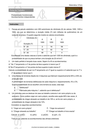 SICRSICRSIC
Ficha de Trabalho
Matemática 12ºano
Probabilidade Condicionada
Acontecimentos independentes
COLÉGIO DA RAINHA SANTA ISABEL, COIMBRA
1. Fez-se um estudo estatístico com 200 automóveis de cilindrada (X) de valores 1000, 1200 e
1600, em que se determinou a duração média (Y) (em milhares de quilómetros) de um
conjunto de pneus. O quadro seguinte mostra os valores encontrados:
Cilindrada (X)
Duração (Y)
A
1000
B
1200
C
1600
B’ : 20 2 16 58
C’ : 25 10 42 14
D’ : 30 48 6 4
Escolhendo uma destas viaturas à sorte e sabendo que tem 1200 de cilindrada, qual é a
probabilidade de que os pneus tenham uma duração de 25 mil km?
2. Um dado perfeito é lançado duas vezes. Sejam A e B os acontecimentos:
A:” No 1º lançamento o nº de pontos da face superior é menor que 3”
B:”No 2º lançamento o nº de pontos da face superior é pelo menos 5”
Calcule a probabilidade de sair no 2º lançamento um nº igual ou superior a 5 sabendo que no 1º o
nº de pontos é menor que 3.
3. Uma fábrica de torneiras dispõe de 2 máquinas que fabricam respectivamente 65% e 35% da
produção total.
A percentagem de torneiras defeituosas de cada máquina é, respectivamente, 4% e 3%.
Qual a probabilidade de ao escolher uma torneira ao acaso, esta seja:
a. Defeituosa?
b. Fabricada pela máquina 1, sabendo que é defeituosa?
4. Um indivíduo para se deslocar de casa ao trabalho costuma ir em carro próprio ou de
autocarro. Como prefere viajar em carro próprio, escolhe esta opção 80% das vezes. A
probabilidade de chegar atrasado ao trabalho é de 18% e, se for em carro próprio, a
probabilidade de chegar atrasado é de 12%.
Considere os seguintes acontecimentos:
C :”Viajar em carro próprio” C :”Viajar de autocarro”
A :”Chegar atrasado ao trabalho” P :”Chegar ao trabalho à hora exacta”
Calcule: a) )CA(p b) )CP(p c) )AC(p d) )CA(p 
Traduza por palavras os acontecimentos das alíneas anteriores
Instruções
 