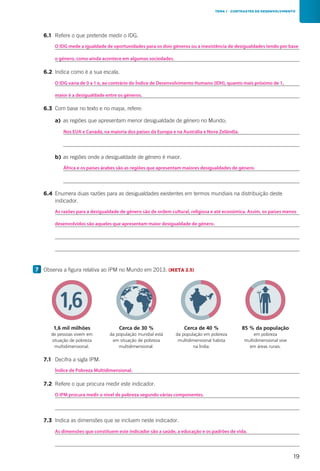 19
		7.1	 Decifra a sigla IPM.
			
		7.2	 Refere o que procura medir este indicador.
			
			
		7.3	 Indica as dimensões que se incluem neste indicador.	
			
			
		6.1	 Refere o que pretende medir o IDG.
			
			
		6.2	 Indica como é a sua escala.
			
			
		6.3	 Com base no texto e no mapa, refere:
			 a)	 as regiões que apresentam menor desigualdade de género no Mundo;
					
					
			 b)	as regiões onde a desigualdade de género é maior.
					
					
		6.4	Enumera duas razões para as desigualdades existentes em termos mundiais na distribuição deste
indicador.
			
			
			
			
7 	Observa a figura relativa ao IPM no Mundo em 2013. (META 2.5)
TEMA 1 CONTRASTES DE DESENVOLVIMENTO
CAp21h1
1,6 mil milhões
de pessoas vivem em
situação de pobreza
multidimensional.
Cerca de 30 %
da população mundial está
em situação de pobreza
multidimensional.
Cerca de 40 %
da população em pobreza
multidimensional habita
na Índia.
85 % da população
em pobreza
multidimensional vive
em áreas rurais.
1,6
As razões para a desigualdade de género são de ordem cultural, religiosa e até económica. Assim, os países menos
Índice de Pobreza Multidimensional.
O IPM procura medir o nível de pobreza segundo várias componentes.
As dimensões que constituem este indicador são a saúde, a educação e os padrões de vida.
O IDG mede a igualdade de oportunidades para os dois géneros ou a inexistência de desigualdades tendo por base
O IDG varia de 0 a 1 e, ao contrário do Índice de Desenvolvimento Humano (IDH), quanto mais próximo de 1,
Nos EUA e Canadá, na maioria dos países da Europa e na Austrália e Nova Zelândia.
África e os países árabes são as regiões que apresentam maiores desigualdades de género.
desenvolvidos são aqueles que apresentam maior desigualdade de género.
o género, como ainda acontece em algumas sociedades.
maior é a desigualdade entre os géneros.
 