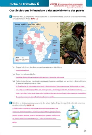 25
Ficha de trabalho 6 UNIDADE 2  INTERDEPENDÊNCIA ENTRE ESPAÇOS
COM DIFERENTES NÍVEIS DE DESENVOLVIMENTO
 Páginas 36 a 38 do manual
Obstáculos que influenciam o desenvolvimento dos países
1 	Observa o mapa, que representa um dos obstáculos ao desenvolvimento dos países de baixo desenvolvimento,
nomeadamente em África. (META 1.1)
		1.1	 O mapa trata de um dos obstáculos ao desenvolvimento. Identifica-o.
			
		1.2	 Refere três outros obstáculos.
			
		1.3	Explica de que forma a manutenção das elevadas taxas de mortalidade não permitem o desenvolvimento
de algumas regiões como a do mapa.
			
			
			
			
2 	São vários os obstáculos ao desenvolvimento dos países. Explica de que forma a dívida externa é um entrave
ao desenvolvimento. (META 1.1)
		
		
		
		
		
		
*Mortes em batalha das tropas
governamentais e das organizações
políticas rebeldes
País
Data início/fim
Mortos
XXXX
XXX / XXX
XXX
Guerras em África entre 2002 e 2012
Guerra civil e conflitos armados, combates mais mortíferos*
0 1075 km
N
LÍBIA
2011/
2293
NIGÉRIA
2009/
1541
MALI
2007/
321
COSTA
DO MARFIM
2002/2011
844
SUDÃO
DO SUL
2011/
349
CONGO
2007/2008
238
CAP23H1
A instabilidade social.
As elevadas taxas de mortalidade condicionam o desenvolvimento das regiões, como as representadas no mapa,
A dívida externa constitui um obstáculo ao desenvolvimento, uma vez que
A explosão demográfica, a crescente dívida externa e o baixo nível educacional.
uma vez que a existência de conflitos com vítimas provoca a inviabilização de muitas atividades económicas,
os recursos desviados para a sua amortização impossibilitam, pelo pagamento
como a agricultura, entre outras. Vai provocar também a fuga de investimentos estrangeiros e desvia as populações
da sua vida normal para atividades relacionadas com o conflito.
de juros elevados, qualquer tentativa de investimento por parte dos governos
em setores carenciados, como a educação, e asfixia as economias destes
países.
 