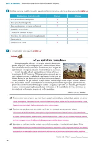 26
Ficha de trabalho 6  Obstáculos que influenciam o desenvolvimento dos países
3 	 Identifica, com uma cruz (X), no quadro seguinte, os fatores internos ou externos ao desenvolvimento. (META 1.1)
4 	Lê com atenção o texto seguinte. (META 1.1)
		4.1	 Transcreve do texto os fatores que contribuem para a tradicional baixa produtividade agrícola em África.
			
			
		4.2	 Estabelece a relação entre a subnutrição verificada no continente africano e esses fatores.
			
			
			
		4.3	 Menciona as medidas referidas no texto que poderão aumentar a produtividade agrícola em África.
			
			
Grande crescimento demográfico
Baixa produtividade agrícola
Baixa escolaridade e formação profissional
Dependência económica
Estrutura do comércio mundial
Debilidade dos setores sociais (educação/saúde)
Dívida externa
Doenças como a sida
ExternosInternosObstáculos ao desenvolvimento
Secas prolongadas, cheias e enxurradas, subnutrição extrema,
guerras, migrações forçadas de populações e uma fraquíssima produ-
tividade aliada a métodos de cultivo rudimentares: esta imagem da
agricultura em vários países africanos poderá pertencer já ao passado.
No mês passado, a FAO recomendou aos líderes africanos o
investimento de 10 % dos seus PIB na agricultura, de modo que os
países africanos possam beneficiar do crescimento populacional no
Mundo. Estima-se que dois terços dos africanos dependam da agri-
cultura para viver, daí que «investir na agricultura é uma estratégia essencial para reduzir a pobreza
e a desigualdade social». Estes objetivos visam alterar profundamente a paisagem agrícola africana,
promovendo melhores infraestruturas para facilitar a chegada dos produtos aos mercados, proporcionar
o acesso a seguros de proteção das colheitas, protegendo-as de calamidades diversas, investindo na
importação de fertilizantes e sementes de melhor qualidade.
Público, 27/07/2014 (adaptado)
5
10
África, agricultura em mudança
Leitura
Realizei esta ficha em / / .
X
X
X
X
X
X
X
X
O baixo nível de desenvolvimento destes países não possibilita meios técnicos e infraestruturas que minimizem
«Secas prolongadas, cheias e enxurradas, subnutrição extrema, guerras, migrações forçadas de populações e uma
fraquíssima produtividade aliada a métodos de cultivo rudimentares.»
os fatores naturais adversos. Aspetos como a existência de conflitos, a prática de agricultura de plantação assente
em interesses externos e a elevada população agravam as condições já de si adversas.
protegendo-as de calamidades diversas, investimento na importação de fertilizantes e sementes de melhor qualidade.
Melhores infraestruturas para facilitar a chegada dos produtos aos mercados, o acesso a seguros de proteção das colheitas,
 