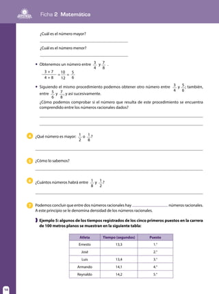 Ficha 2 Matemática
14
Atleta Tiempo (segundos) Puesto
Ernesto 13,3 1.°
José 2.°
Luis 13,4 3.°
Armando 14,1 4.°
Reynaldo 14,2 5.°
¿Cuál es el número mayor?
¿Cuál es el número menor?
3
4
7 10
8
+
+
= =
5
12 6
	 Obtenemos un número entre 3
4
y 7
8
.
	 Siguiendo el mismo procedimiento podemos obtener otro número entre 3
4
y 5
6
; también,
entre 5
6
y 7
8
, y así sucesivamente.
	 ¿Cómo podemos comprobar si el número que resulta de este procedimiento se encuentra
comprendido entre los números racionales dados?
	
	
¿Qué número es mayor: 1
2
o 1
8
?4
¿Cómo lo sabemos?5
¿Cuántos números habrá entre 1
8
y 1
2
?6
Podemos concluir que entre dos números racionales hay números racionales.
A este principio se le denomina densidad de los números racionales.
7
❱ Ejemplo 5: algunos de los tiempos registrados de los cinco primeros puestos en la carrera
de 100 metros planos se muestran en la siguiente tabla:
 