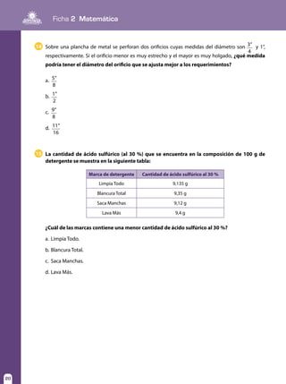 Ficha 2 Matemática
20
Sobre una plancha de metal se perforan dos orificios cuyas medidas del diámetro son 3”
4
y 1”,
respectivamente. Si el orificio menor es muy estrecho y el mayor es muy holgado, ¿qué medida
podría tener el diámetro del orificio que se ajusta mejor a los requerimientos?
a. 5”
8
b. 1”
2
c. 9”
8
d. 11”
16
14
La cantidad de ácido sulfúrico (al 30 %) que se encuentra en la composición de 100 g de
detergente se muestra en la siguiente tabla:
15
Marca de detergente Cantidad de ácido sulfúrico al 30 %
Limpia Todo 9,135 g
Blancura Total 9,35 g
Saca Manchas 9,12 g
Lava Más 9,4 g
¿Cuál de las marcas contiene una menor cantidad de ácido sulfúrico al 30 %?
a.	 Limpia Todo.
b.	Blancura Total.
c.	 Saca Manchas.
d.	Lava Más.
 