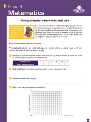 Matemática
29
Ficha 4
Albergando perros abandonados en la calle
Una sociedad protectora de animales alberga en una casa a todos
los perros que encuentra abandonados en la calle. El veterinario
de dicha sociedad tiene dificultades para dar en adopción a los
perros en edad adulta, por ello da a conocer la ración de alimento
que consumen buscando sensibilizar a sus visitantes, ya sea para
su adopción o para que realicen donaciones.
Número de perros 2 4 6 8 10 12
Número de bolsas de alimento
1 Establece en una tabla de doble entrada la relación que hay entre el número de perros y la ración
de alimento mensual sugerido por el veterinario.
A continuación, se presentan dos situaciones:
Primera situación: Se sabe que en dicho albergue hay 16 perros adultos sin adoptar y cada uno de ellos
consume dos bolsas de alimento durante 30 días.
2 ¿Cuántas bolsas se necesitará para alimentar a los 16 perros durante un mes?
3 Generaliza la relación encontrada.
4 Grafica en el plano cartesiano dicha situación.
Para alimentar a
un perro adulto
durante 30 días
se necesita
dos bolsas de
alimento.
Númerodebolsasdealimento
Número de perros
 