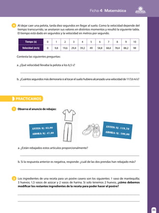 Ficha 4 Matemática
35
4 Al dejar caer una pelota, tarda diez segundos en llegar al suelo. Como la velocidad depende del
tiempo transcurrido, se anotaron sus valores en distintos momentos y resultó la siguiente tabla.
El tiempo está dado en segundos y la velocidad en metros por segundo.
Tiempo (s) 0 1 2 3 4 5 6 7 8 9 10
Velocidad (m/s) 0 9,8 19,6 29,4 39,2 49 58,8 68,6 78,4 88,2 98
Contesta las siguientes preguntas:
a. ¿Qué velocidad llevaba la pelota a los 6,5 s?
b.	¿Cuántossegundosmásdemoraríasialtocarelsuelohubieraalcanzadounavelocidadde117,6m/s?
PRACTICAMOS»
Observa el anuncio de rebajas:
Los ingredientes de una receta para un postre casero son los siguientes: 1 vaso de mantequilla;
3 huevos; 1,5 vasos de azúcar y 2 vasos de harina. Si solo tenemos 2 huevos, ¿cómo debemos
modificar los restantes ingredientes de la receta para poder hacer el postre?
1
2
a. ¿Están rebajados estos artículos proporcionalmente?
	
b. Si la respuesta anterior es negativa, responde: ¿cuál de las dos prendas han rebajado más?
	
Antes: S/. 119,70
Ahora: S/. 100,00
Antes: S/. 63,00
Ahora: S/. 47,80
 