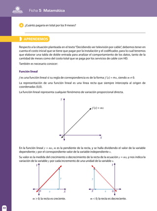 Ficha 5 Matemática
40
APRENDEMOS
Función lineal
»
Respecto a la situación planteada en el texto“Decidiendo ver televisión por cable”, debemos tener en
cuenta el costo inicial que se tiene que pagar por la instalación y el codificador, para lo cual tenemos
que elaborar una tabla de doble entrada para analizar el comportamiento de los datos, tanto de la
cantidad de meses como del costo total que se paga por los servicios de cable con HD.
También es necesario conocer:
f es una función lineal si su regla de correspondencia es de la forma: f (x) = mx, siendo m ≠ 0.
La representación de una función lineal es una línea recta que siempre intercepta al origen de
coordenadas (0,0).
La función lineal representa cualquier fenómeno de variación proporcional directa.
¿Cuánto pagaría en total por los 9 meses?
Y
f (x) = mx
X
En la función lineal y = mx, m es la pendiente de la recta, y se halla dividiendo el valor de la variable
dependiente y por el correspondiente valor de la variable independiente x.
Su valor es la medida del crecimiento o decrecimiento de la recta de la ecuación y = mx, y nos indica la
variación de la variable y por cada incremento de una unidad de la variable x.
Y
y y
0
Y
0X Xx x
m > 0; la recta es creciente. m < 0; la recta es decreciente.
4
 
