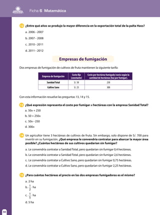 Ficha 6 Matemática
56
12
13
14
15
¿Entre qué años se produjo la mayor diferencia en la exportación total de la palta Hass?
a.	2006 - 2007
b.	2007 - 2008
c.	 2010 - 2011
d.	2011 - 2012
¿Qué expresión representa el costo por fumigar n hectáreas con la empresa Sanidad Total?
a.	50n + 250
b.	50 + 250n
c.	50n - 250
d.	300n
Un agricultor tiene 3 hectáreas de cultivos de fruta. Sin embargo, solo dispone de S/. 700 para
invertir en su fumigación. ¿Qué empresa le convendría contratar para abarcar la mayor área
posible? ¿Cuántas hectáreas de sus cultivos quedarían sin fumigar?
a.	Le convendría contratar a Sanidad Total, pero quedarían sin fumigar 0,4 hectáreas.
b.	Le convendría contratar a Sanidad Total, pero quedarían sin fumigar 2,6 hectáreas.
c.	 Le convendría contratar a Cultivo Sano, pero quedarían sin fumigar 0,75 hectáreas.
d.	Le convendría contratar a Cultivo Sano, pero quedarían sin fumigar 2,25 hectáreas.	
¿Para cuántas hectáreas el precio en las dos empresas fumigadoras es el mismo?
a.	2 ha
b.	 1
2
ha
c.	 1
5
ha
d.	5 ha
Empresa de fumigación
Costo fijo
(constante)
Costo por hectárea fumigada (varía según la
cantidad de hectáreas [ha] por fumigar).
SanidadTotal S/. 50 250
Cultivo Sano S/. 25 300
Empresas de fumigación
Dos empresas de fumigación de cultivos de fruta mantienen la siguiente tarifa:
Con esta información resuelve las preguntas 13, 14 y 15.
 