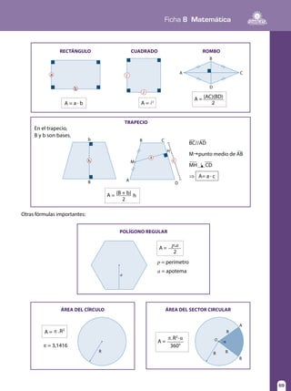 69
Ficha 8 Matemática
69
Otras fórmulas importantes:
			
RECTÁNGULO CUADRADO
TRAPECIO
ROMBO
A = a · b A = l2
a
b
b
B
l
l
A
B
C
D
A = (AC)(BD)
BC//AD
Mgpunto medio de AB
MH CD
⇒ A= a · c
2
A = h(B + b)
2
En el trapecio,
B y b son bases.
A
B C
D
M
H
POLÍGONO REGULAR
ÁREA DEL CÍRCULO ÁREA DEL SECTOR CIRCULAR
a
A =
p.a
p = perímetro
a = apotema
2
R R R
R
α
A
O
B
A = π .R2
π = 3,1416
A =
π.R2
·α
360°
h
a
c
 