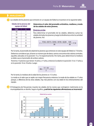 81
Ficha 9 Matemática
81
❱ RESOLUCIÓN
Para determinar el promedio de las edades, debemos sumar las
edadesdetodoslosjóvenesyluegolodividiremosentrelacantidad
de jóvenes. Así:
Las edades de los jóvenes que entrarán en un equipo de fútbol se muestran en la siguiente tabla:1
ANALIZAMOS»
Edad fi
16 7
17 8
18 5
19 4
20 6
Total 30
Edades de los jóvenes del
equipo de fútbol
Determina el valor del promedio aritmético, mediana y moda
de las edades de estos jóvenes.
=
+ + + +
= =x
7(16) 8(17) 5(18) 4(19) 6(20)
30
534
30
17,8
El histograma de frecuencias muestra las edades de los novios que contrajeron matrimonio en la
municipalidad de un distrito. Según el gráfico, ¿cuál de las siguientes afirmaciones es incorrecta?
2
Por lo tanto, el promedio de edad de los jóvenes que entrenan en este equipo de fútbol es 17,8 años.
Debemosconsiderarque,altenerunnúmeropardedatos,vamosaencontrardosvalorescentrales,
aquellos ubicados en la posición 15 y 16 respectivamente. Por tanto, para determinar la mediana
se debe sacar el promedio de ambos valores.
Tenemos 15 jóvenes que tienen 16 años y 17 años, entonces la edad en la posición 15 es 17 años y
en la posición 16 es 18 años. Luego:
=
+
=Me
17 18
2
17,5
Por lo tanto, la mediana de la edad de los jóvenes es 17,5 años.
La moda es el valor que se repite con mayor frecuencia; entonces, la moda de las edades es 17 años
porque, a diferencia de las otras edades, hay más jóvenes con esa edad en los entrenamientos del
equipo.
Númerodepersonas
Edad
Edad de los novios
60
50
40
30
20
10
0
16
10
15
25
55
29
16
22
20 24 28 32 36 40 44
 