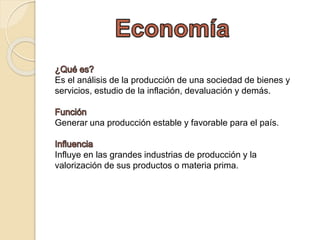 Es el análisis de la producción de una sociedad de bienes y 
servicios, estudio de la inflación, devaluación y demás. 
Generar una producción estable y favorable para el país. 
Influye en las grandes industrias de producción y la 
valorización de sus productos o materia prima. 
 