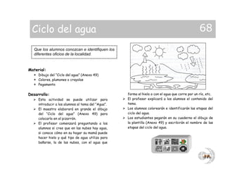Material:
 Dibujo del “Ciclo del agua” (Anexo 49)
 Colores, plumones o crayolas
 Pegamento
Desarrollo:
 Esta actividad se puede utilizar para
introducir a los alumnos al tema del “Agua”.
 El maestro elaborará en grande el dibujo
del “Ciclo del agua” (Anexo 49) para
colocarlo en el pizarrón.
 El profesor comenzará preguntando a los
alumnos si cree que en las nubes hay agua,
si conoce cómo en su hogar su mamá puede
hacer hielo y qué tipo de agua utiliza para
bañarse, la de las nubes, con el agua que
forma el hielo o con el agua que corre por un río, etc.
 El profesor explicará a los alumnos el contenido del
tema.
 Los alumnos colorearán e identificarán las etapas del
ciclo del agua.
 Los estudiantes pegarán en su cuaderno el dibujo de
la plantilla (Anexo 49) y escribirán el nombre de las
etapas del ciclo del agua.
Que los alumnos conozcan e identifiquen los
diferentes oficios de la localidad.
Ciclo del agua 68
 