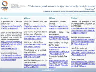 Algunos materiales que te pueden ayudar
Lecturas Videos Música El pilón
El problema de la amistad
en la moral
http://www.scielo.org.co/p
df/ef/n41/n41a04.pdf
Sobre el valor de la amistad
y su conflicto potencial con
la moral. Una revisión del
debate contemporáneo
http://www.scielo.org.mx/s
cielo.php?script=sci_arttext
&pid=S0185-
24502010000100003
La verdadera amistad
http://www.elnuevolibro.c
om/Documentos/descargas
/La%20amistad.pdf
Video de amistad para una
amiga
https://www.youtube.com/w
atch?v=9PykARcWO_U
Una historia muy triste de dos
amigos para reflexionar
https://www.youtube.com/w
atch?v=eUNV527NRno
Intenta ver esto sin llorar
https://www.youtube.com/w
atch?v=2zfLO7H8DuA
Al reflexionar en la amistad -
Charles Stanley
https://www.youtube.com/w
atch?v=o_FXAeT-Z54
AMISTADES GENUINAS Por Dr.
Charles Stanley
https://www.youtube.com/w
atch?v=vxj10yLKfXI
Demi Lovato - Se llama
amistad
https://www.youtube.co
m/watch?v=4iBWFkYsQ8c
CANCIÓN PARA UN
AMIGO.wmv
https://www.youtube.co
m/watch?v=xQf_78Spwdo
Nadie como tú - La Oreja
De Van Gogh
https://www.youtube.co
m/watch?v=-
9YTpNmIAdM&list=RDxQf
_78Spwdo&index=5
Amigos de Verdad - Rey
Ruiz
https://www.youtube.co
m/watch?v=OTfyhH0bas
M&list=RDxQf_78Spwdo
&index=7
Linkpop - De principio al final
(DEDICALE ESTA CANCIÓN A UN
SER AMADO)
https://www.youtube.com/wat
ch?v=54huiWNuZnA&list=RDxQ
f_78Spwdo&index=4
Siempre seremos amigos
https://www.youtube.com/wat
ch?v=ABeDoqQGdP4&list=RDx
Qf_78Spwdo&index=6
Ha Ash- Un amigo asi
https://www.youtube.com/wat
ch?v=3PLxU_oaVfE&list=RDxQf
_78Spwdo&index=8
Carta a un amigo
https://www.youtube.com/wat
ch?v=kFDuL7HD9E8&index=9&l
ist=RDxQf_78Spwdo
“Un hermano puede no ser un amigo, pero un amigo será siempre un
hermano.”
-Demetrio de Falero (350 AC-280 AC) Orador, filósofo y gobernante ateniense.
 
