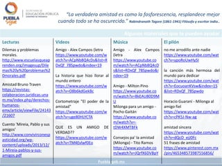 Algunos materiales que te pueden ayudar
Lecturas Videos Música El pilón
Dilemas y problemas
morales.
http://www.escuelasqueap
renden.org/imagesup/Dile
mas%20y%20problemas%2
0morales.pdf
Amistad Bruno Traven
https://revistas-
colaboracion.juridicas.una
m.mx/index.php/derechos-
humanos-
emx/article/viewFile/24143
/21607
Cuento 'Mireia, Pablo y sus
amigos‘
http://www.convivirconesp
asticidad.org/wp-
content/uploads/2013/12/
1-Mireia-pablos-y-sus-
amigos.pdf
Amigo - Alex Campos (letra
https://www.youtube.com/w
atch?v=ACpNb8Q4cDs&list=R
DxQf_78Spwdo&index=19
La historia que hizo llorar al
mundo entero
https://www.youtube.com/w
atch?v=O8b6kdGekBc
Cortometraje "El poder de la
amistad"
https://www.youtube.com/w
atch?v=uge80HLYCTA
QUE ES UN AMIGO DE
VERDAD??
https://www.youtube.com/w
atch?v=TM4Evlwf0Eo
Amigo - Alex Campos
(letra
https://www.youtube.co
m/watch?v=ACpNb8Q4cD
s&list=RDxQf_78Spwdo&i
ndex=19
Amigo - Milton Pino
https://www.youtube.co
m/watch?v=8kEAU80D9M
U
Milonga para un amigo -
Pocho Gaitán
https://www.youtube.co
m/watch?v=-
tDW4XMTBFk
Consejos pa' la amistad
(Milonga) - Tito Ramos
https://www.youtube.co
m/watch?v=JQrfX6DVBpY
no me arrodillo ante nadie
https://www.youtube.com/wat
ch?v=ypoRoUwHySI
la canción más hermosa del
mundo para dedicar
https://www.youtube.com/wat
ch?v=EocuoanKVsw&index=15
&list=RDxQf_78Spwdo
Horacio Guaraní - Milonga al
amigo fiel
https://www.youtube.com/wat
ch?v=cPK5J-Nw-ag
amistad sincera
https://www.youtube.com/wat
ch?v=dQcD_ejJ0Fc
51 frases de amistad
https://www.pinterest.com.mx
/pin/465348573987556856/
“La verdadera amistad es como la fosforescencia, resplandece mejor
cuando todo se ha oscurecido.” Rabindranath Tagore (1861-1941) Filósofo y escritor indio..
 